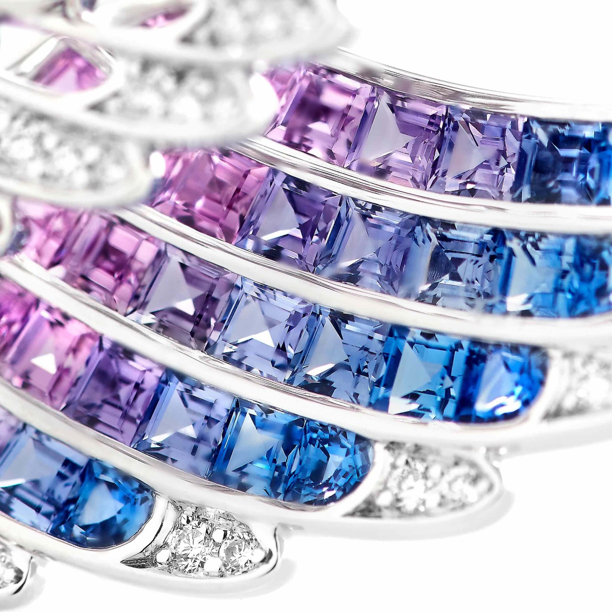 Wings Embrace Bird of Paradise Drop Earrings | In 18ct White Gold with Diamonds and Sapphires