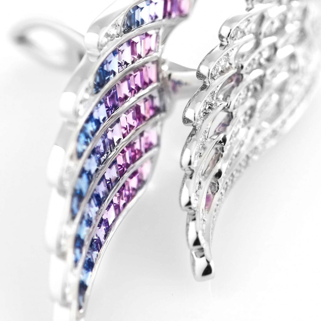 Wings Embrace Bird of Paradise Drop Earrings | In 18ct White Gold with Diamonds and Sapphires