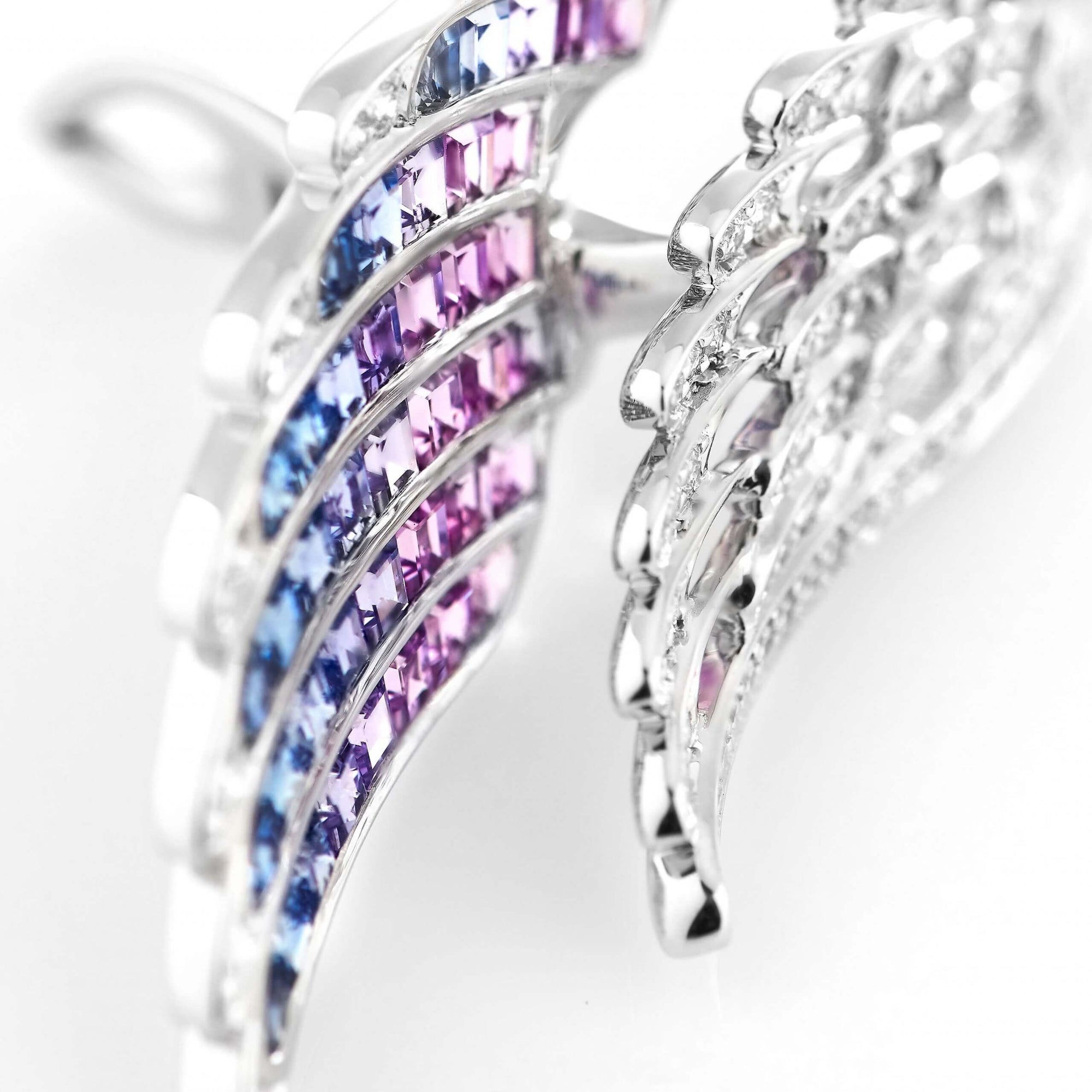 Wings Embrace Bird of Paradise Drop Earrings | In 18ct White Gold with Diamonds and Sapphires