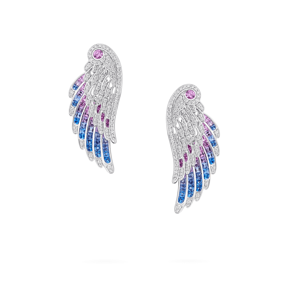 Wings Embrace Bird of Paradise Drop Earrings | In 18ct White Gold with Diamonds and Sapphires