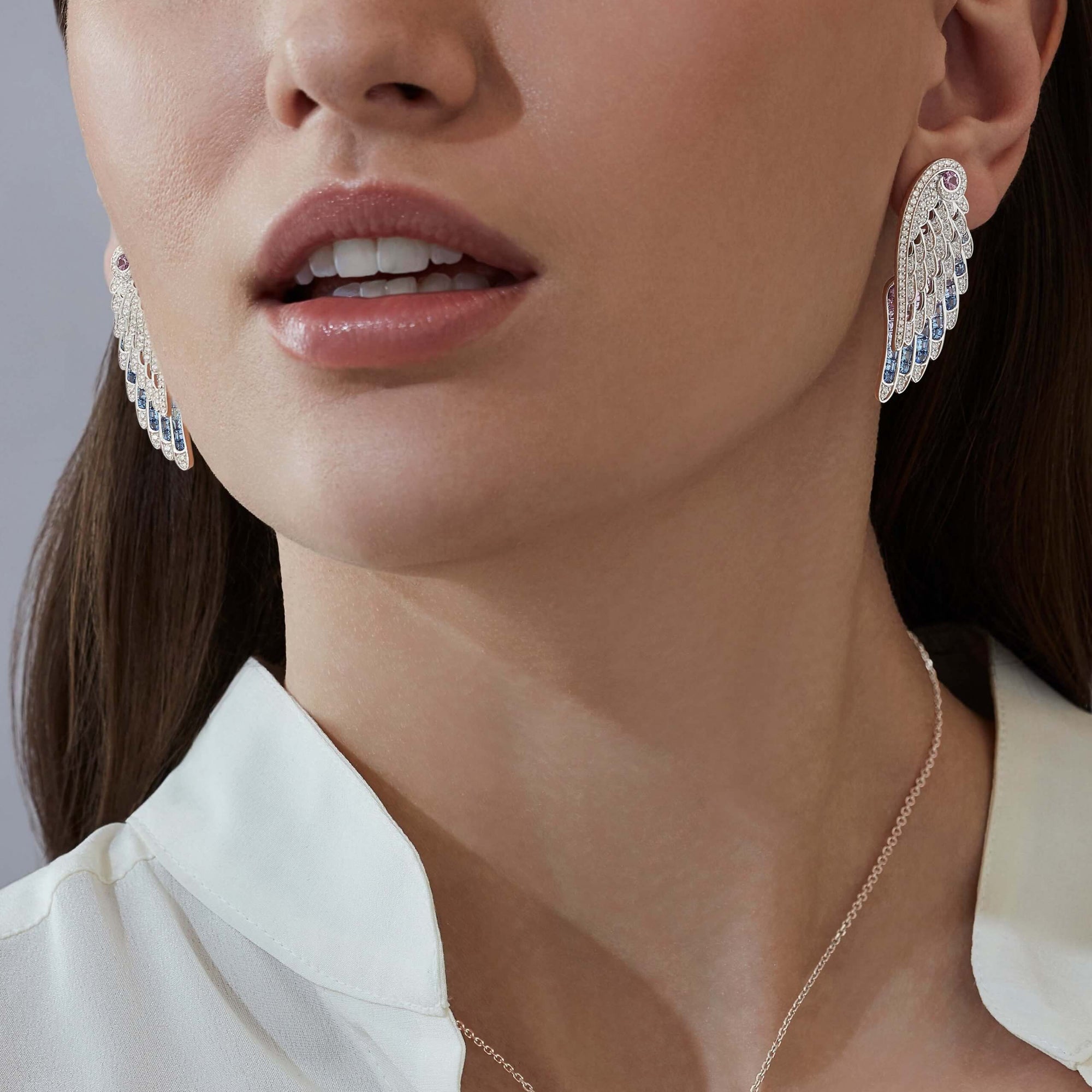 Wings Embrace Bird of Paradise Drop Earrings | In 18ct White Gold with Diamonds and Sapphires