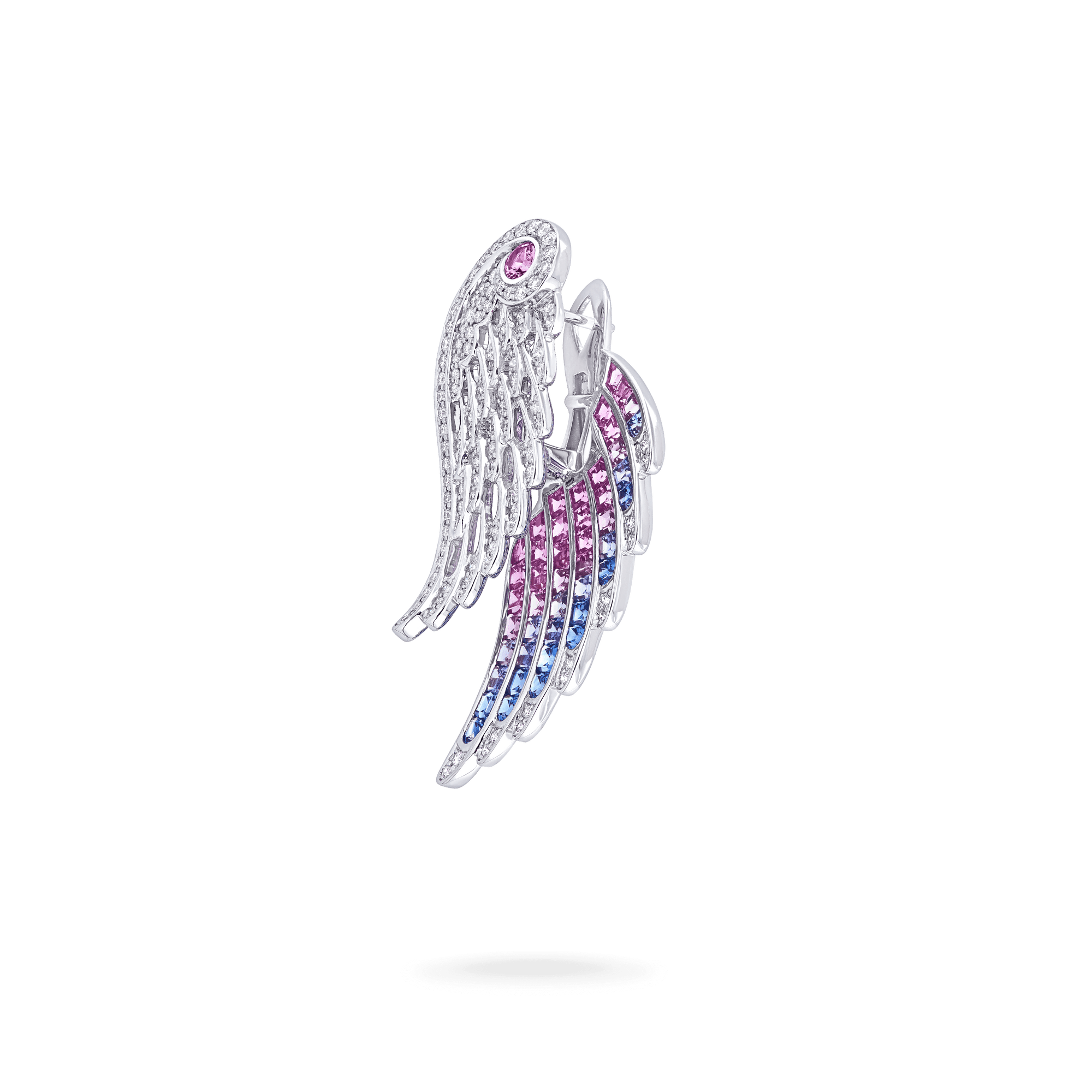 Wings Embrace Bird of Paradise Drop Earrings | In 18ct White Gold with Diamonds and Sapphires