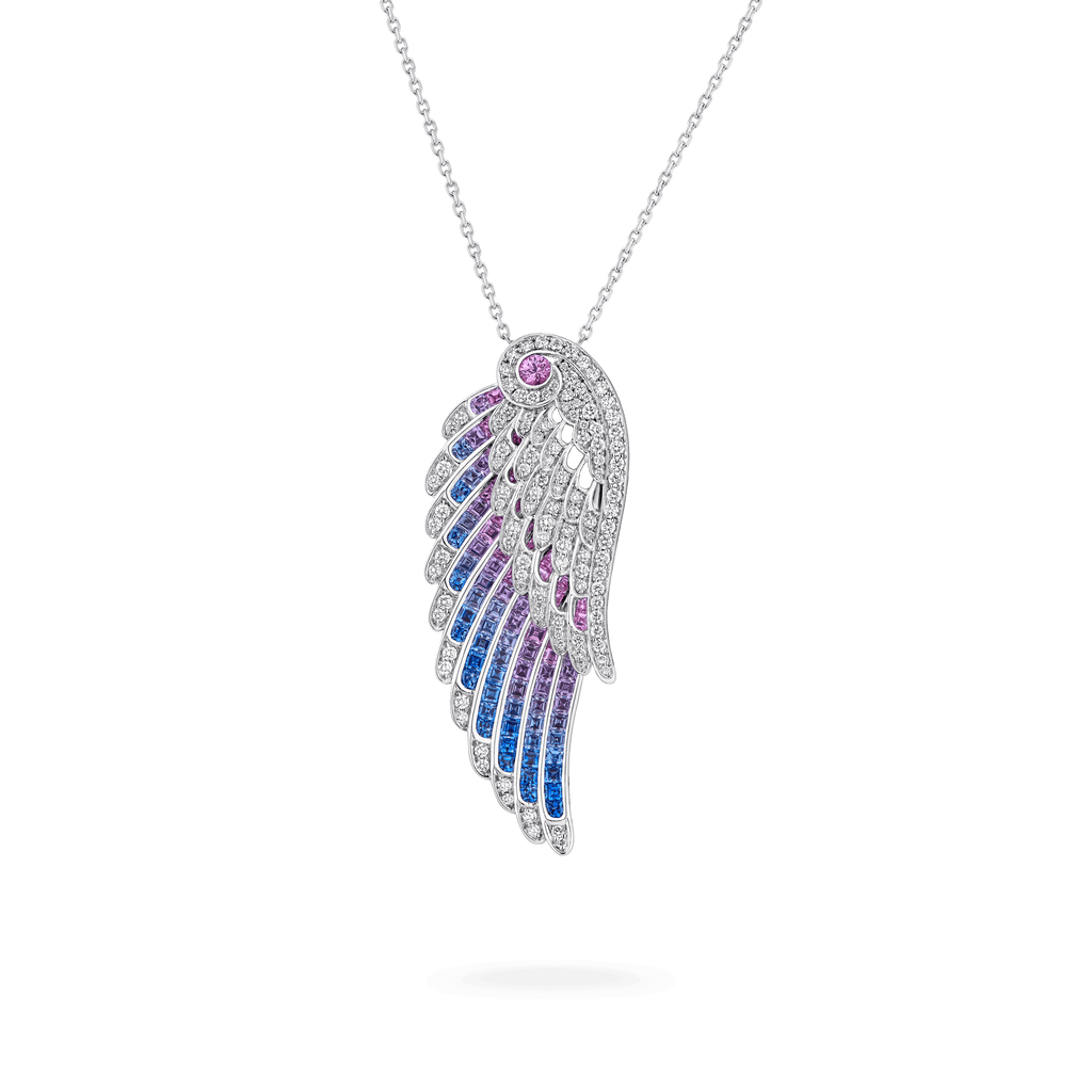 Wings Embrace Bird of Paradise Slider Pendant | In 18ct White Gold with Diamonds and Sapphires
