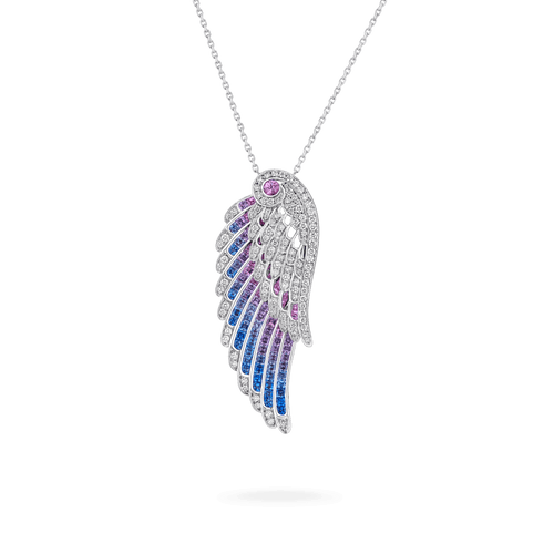 Wings Embrace Bird of Paradise Slider Pendant | In 18ct White Gold with Diamonds and Sapphires