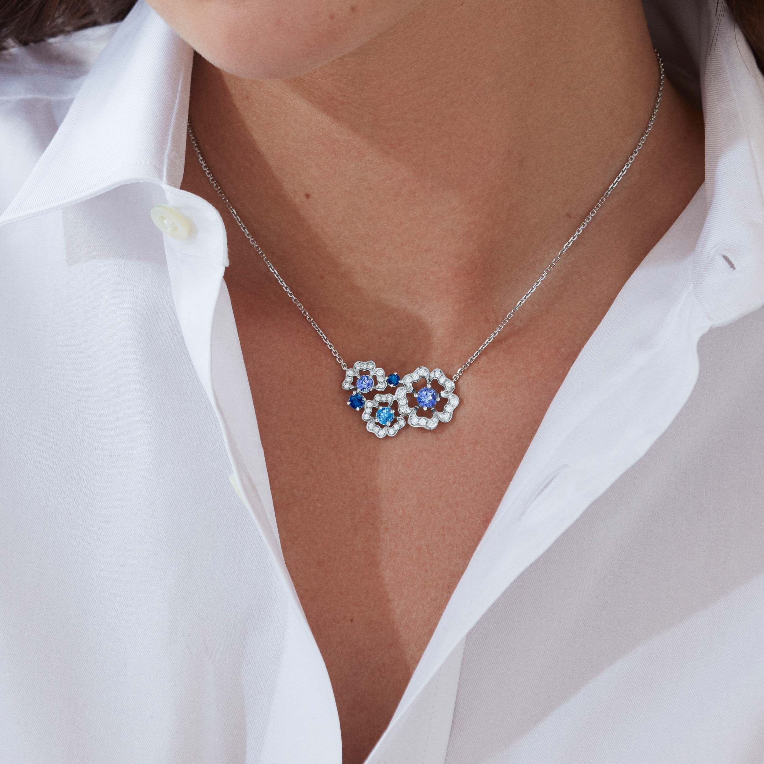 Tudor Rose Petal Sapphire and Tanzanite Pendant | In 18ct White Gold w