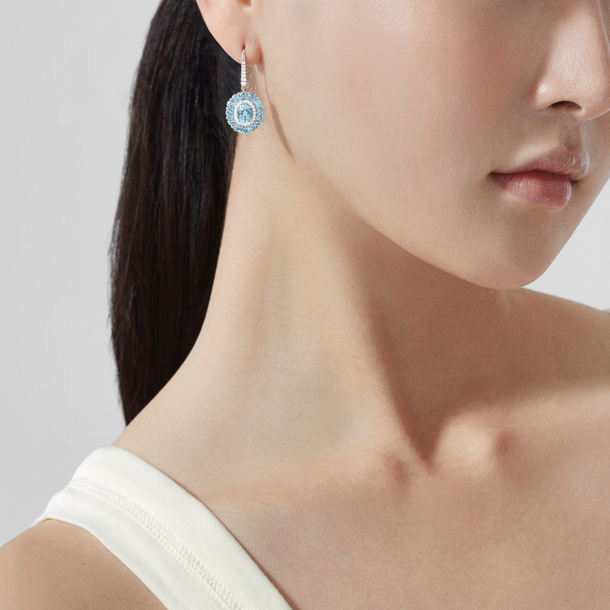 1735 Double Colour Cluster Aquamarine Drop Earrings | In Platinum with Diamonds