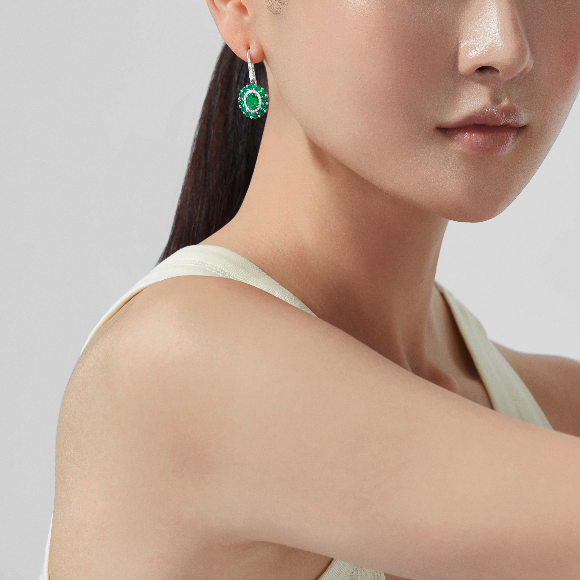 1735 Double Colour Cluster Emerald Drop Earrings | In Platinum with Diamonds