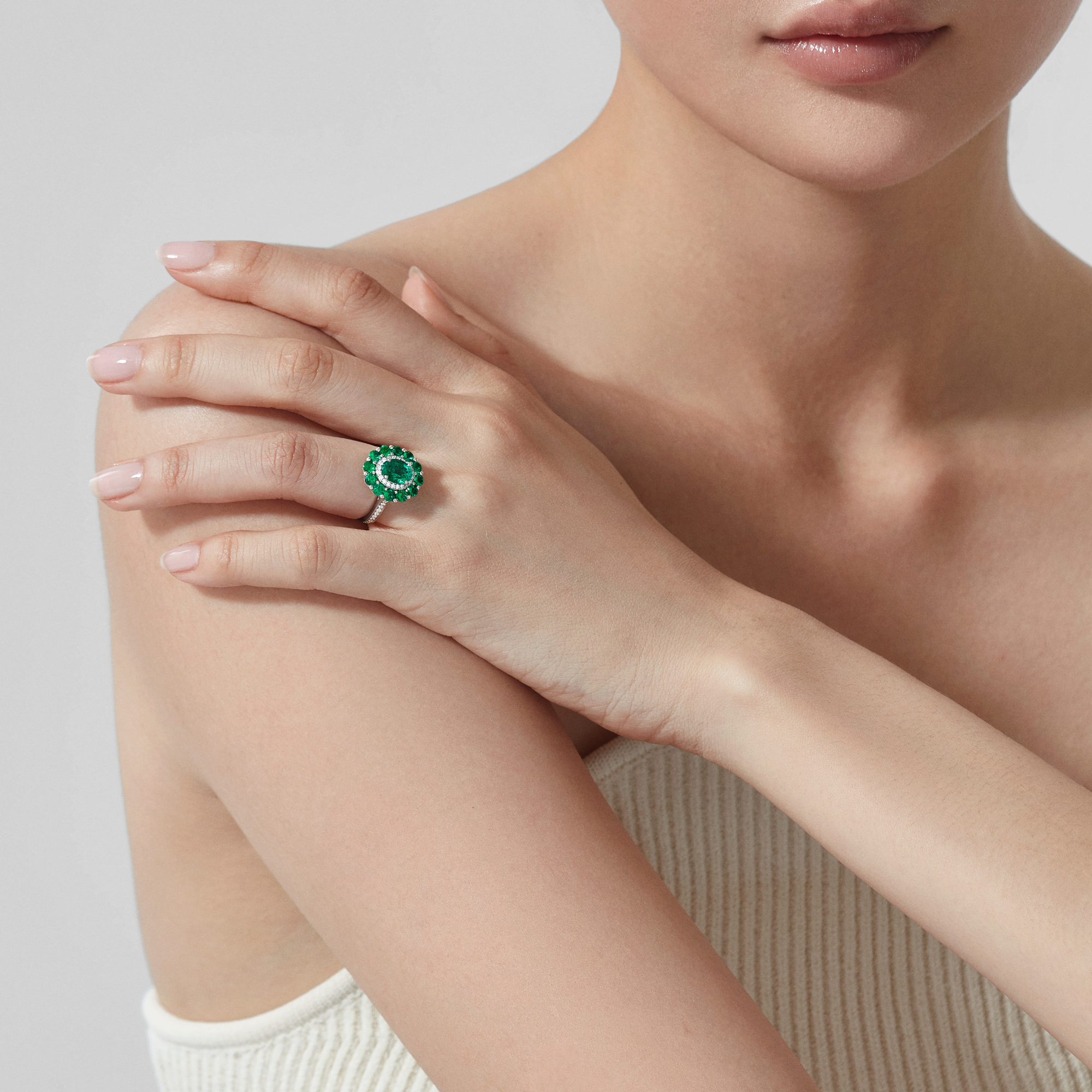 1735 Double Colour Cluster Emerald Ring | In Platinum with Diamonds