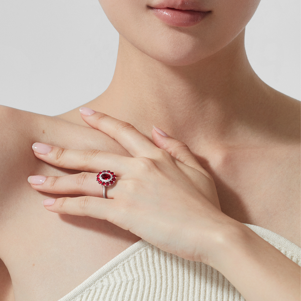 1735 Double Colour Cluster Ruby Ring | In Platinum with Diamonds