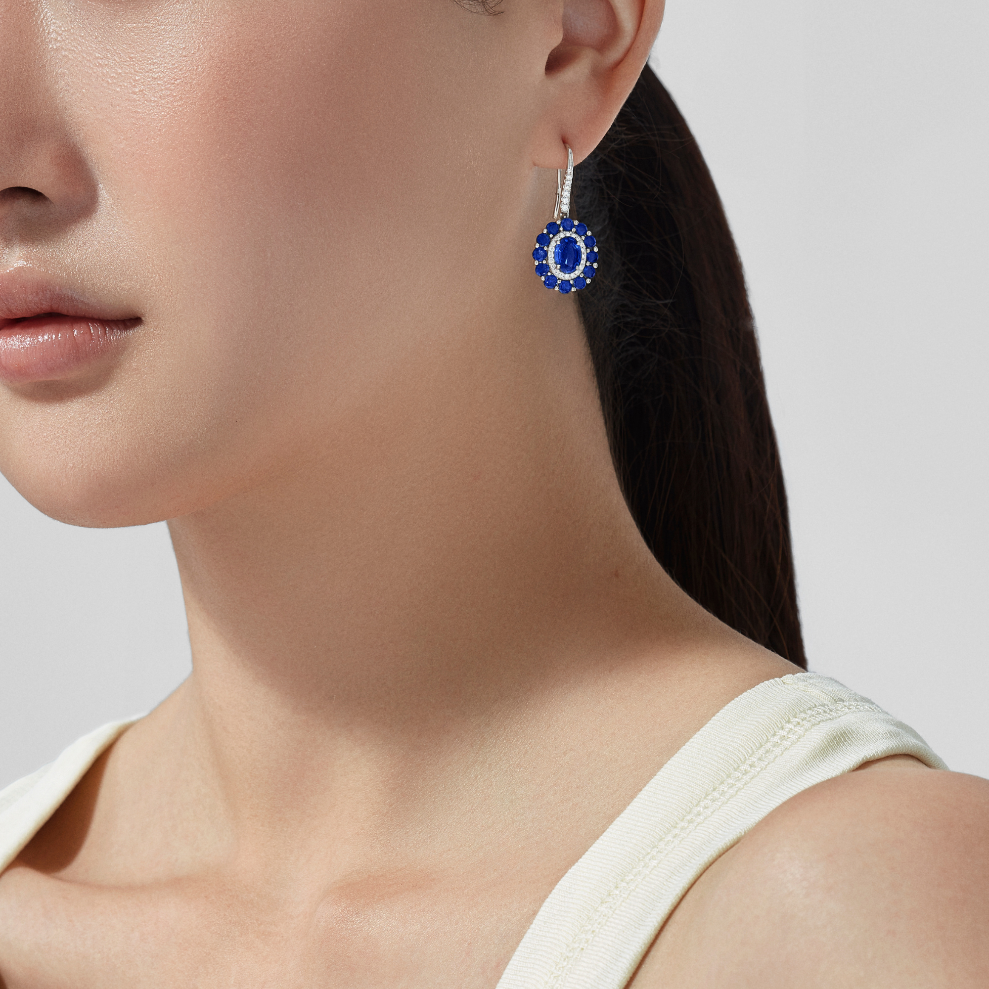 1735 Double Colour Cluster Sapphire Drop Earrings | In Platinum with Diamonds