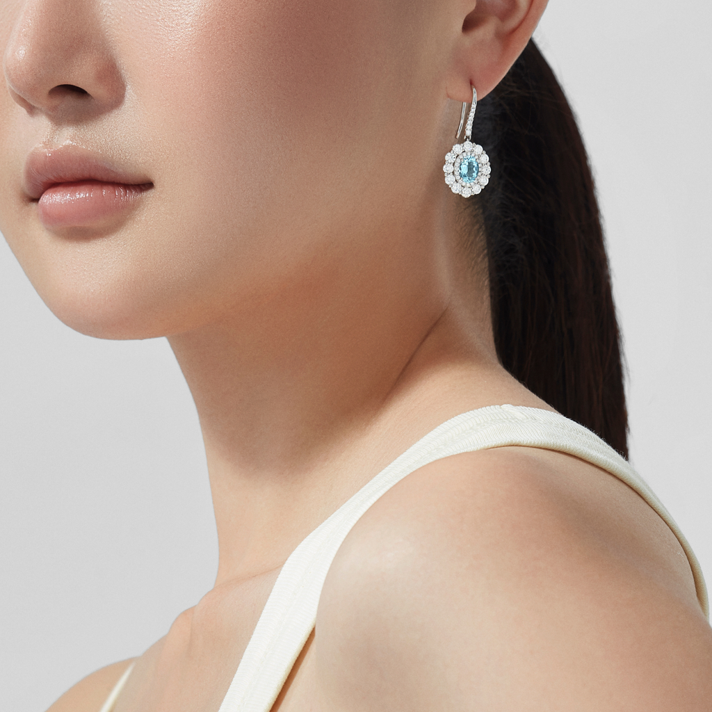 1735 Double Cluster Aquamarine Drop Earrings | In Platinum with Diamonds