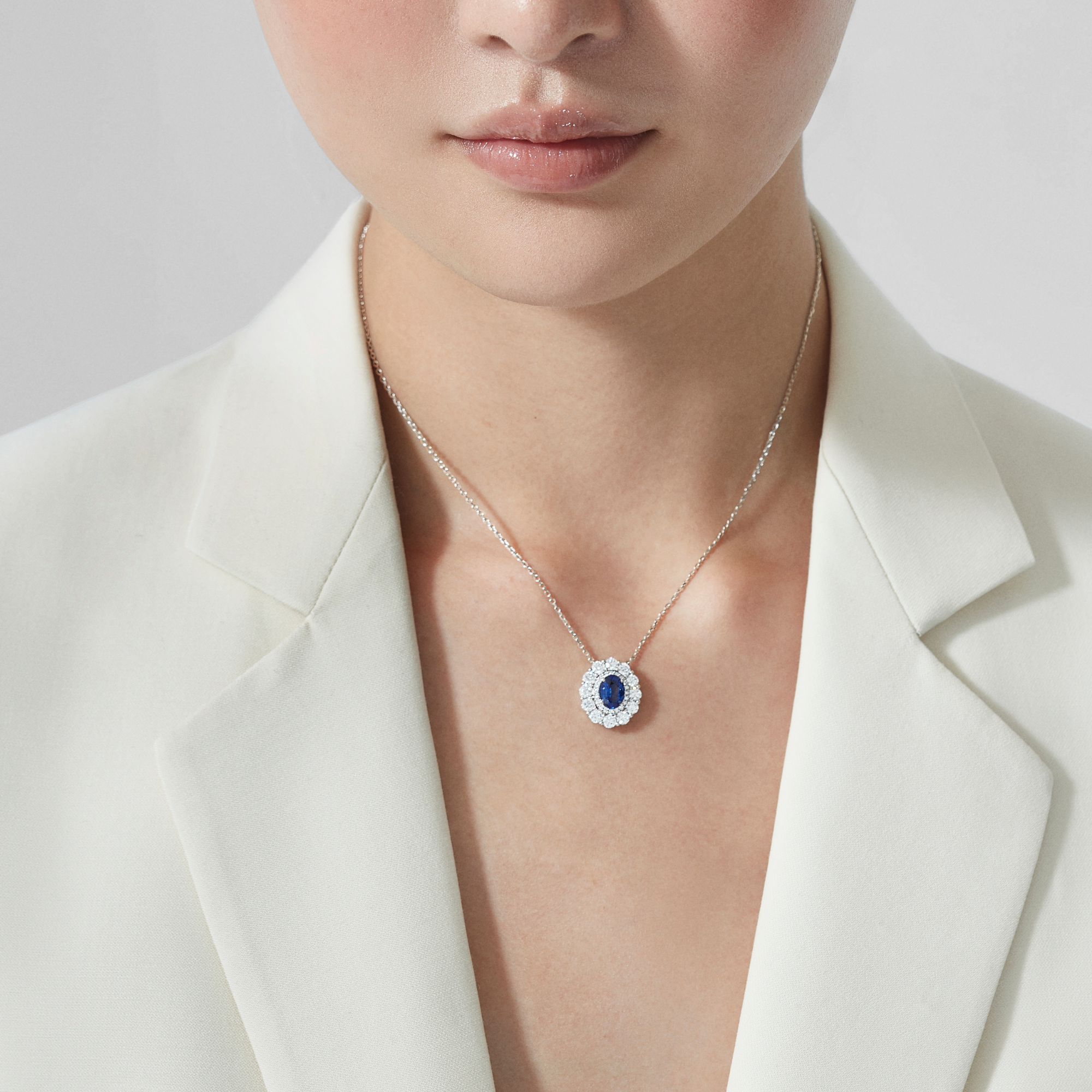 1735 Double Cluster Sapphire Pendant | In Platinum with Diamonds