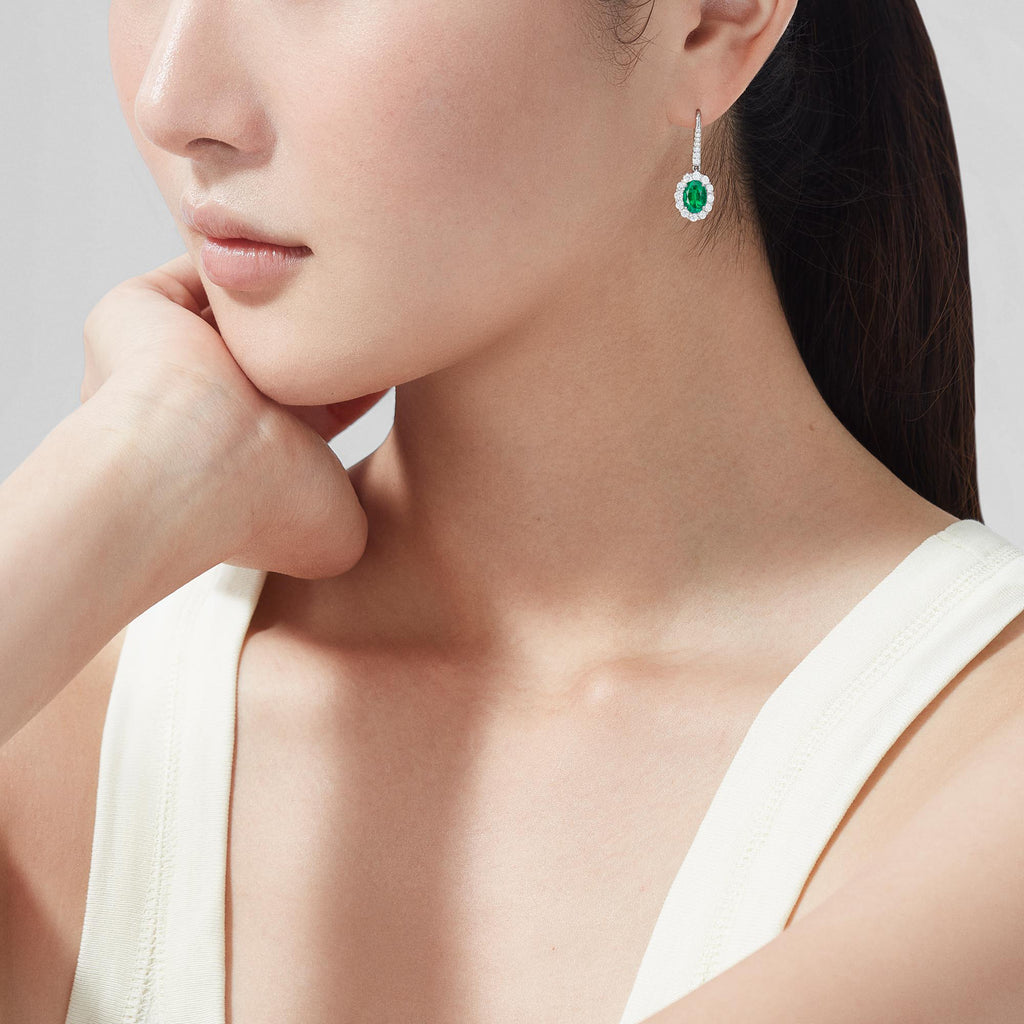 1735 Emerald Drop Earrings | In Platinum with Diamonds