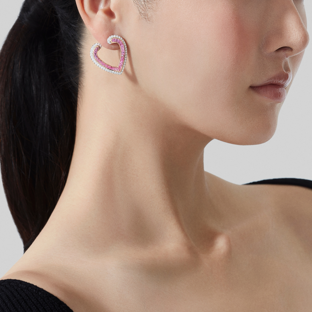 Aloria Calibré Cut Pink Sapphire Earrings | In 18ct White and Rose Gold with Diamonds
