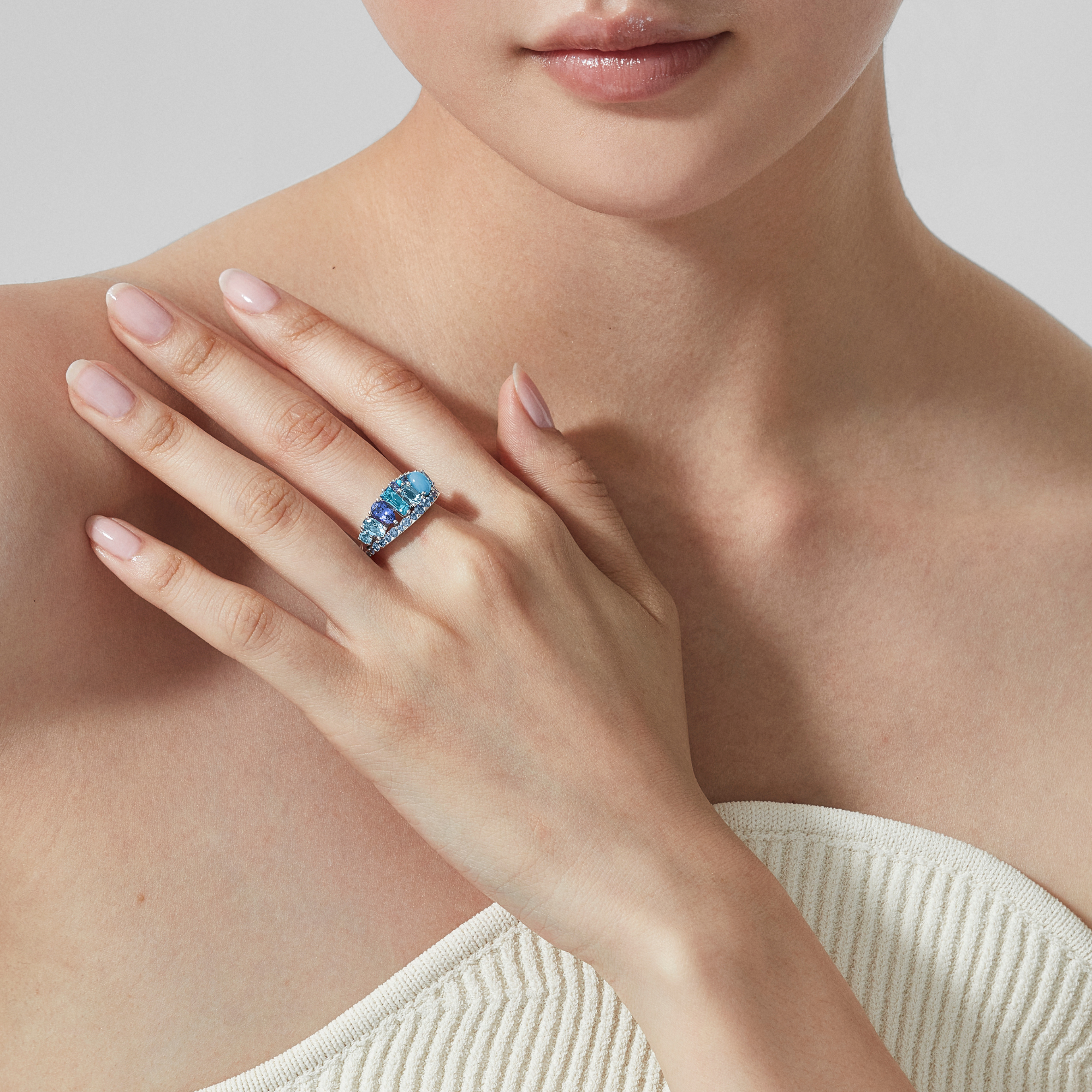Blaze Blue Sapphire, Tanzanite, Aquamarine, Blue Topaz And Turquoise Band Ring | In 18ct White Gold