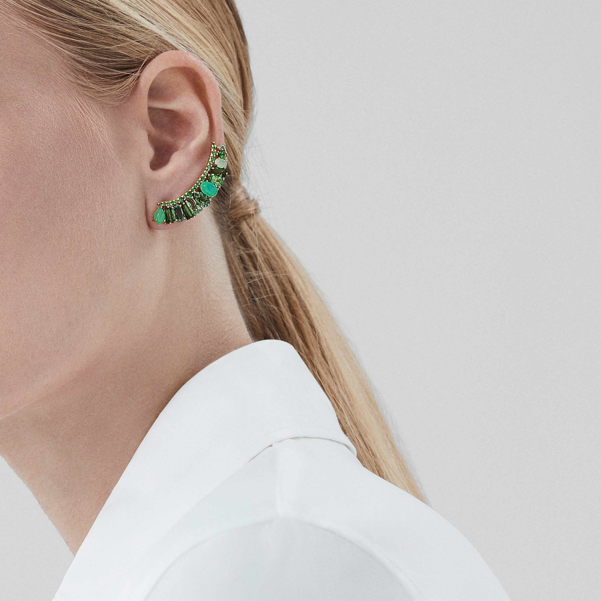 Blaze Green Sapphire, Green Tourmaline, Tsavorite And Chrysoprase Ear Climbers | In 18ct Yellow Gold