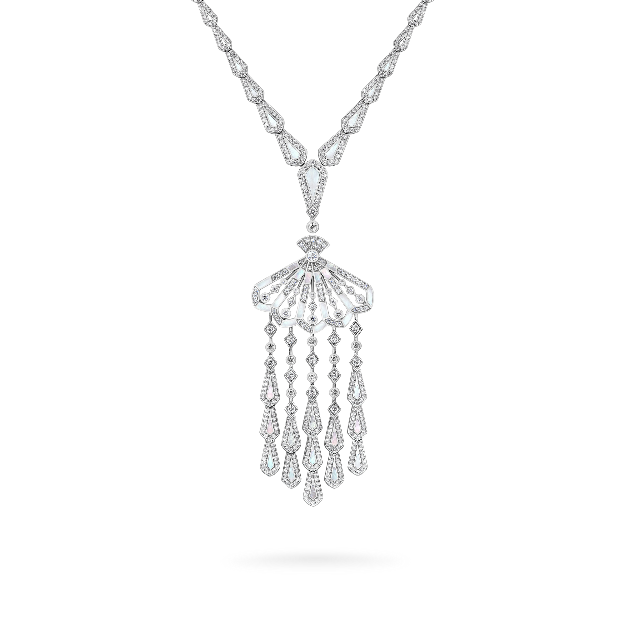 Fanfare Symphony Diamond and White Mother of Pearl Cascade Pendant | In 18ct White Gold