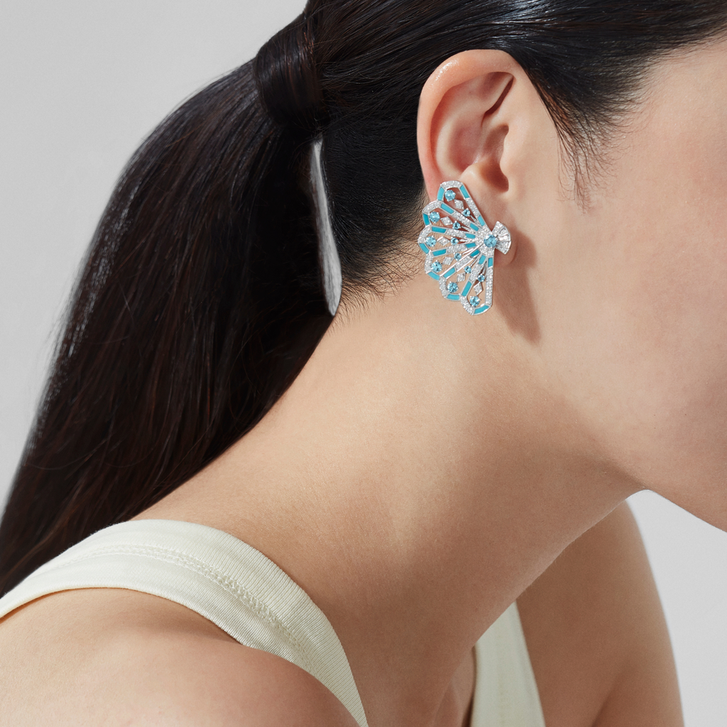 Fanfare Symphony Diamond and Aquamarine Earrings | In 18ct White Gold with Turquoise