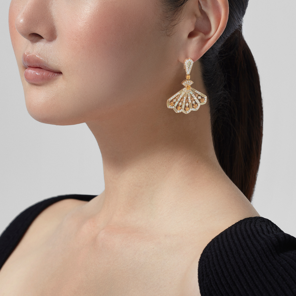 Fanfare Symphony Diamond and Orange Sapphire Drop Earrings | In 18ct Yellow Gold with Golden Mother of Pearl