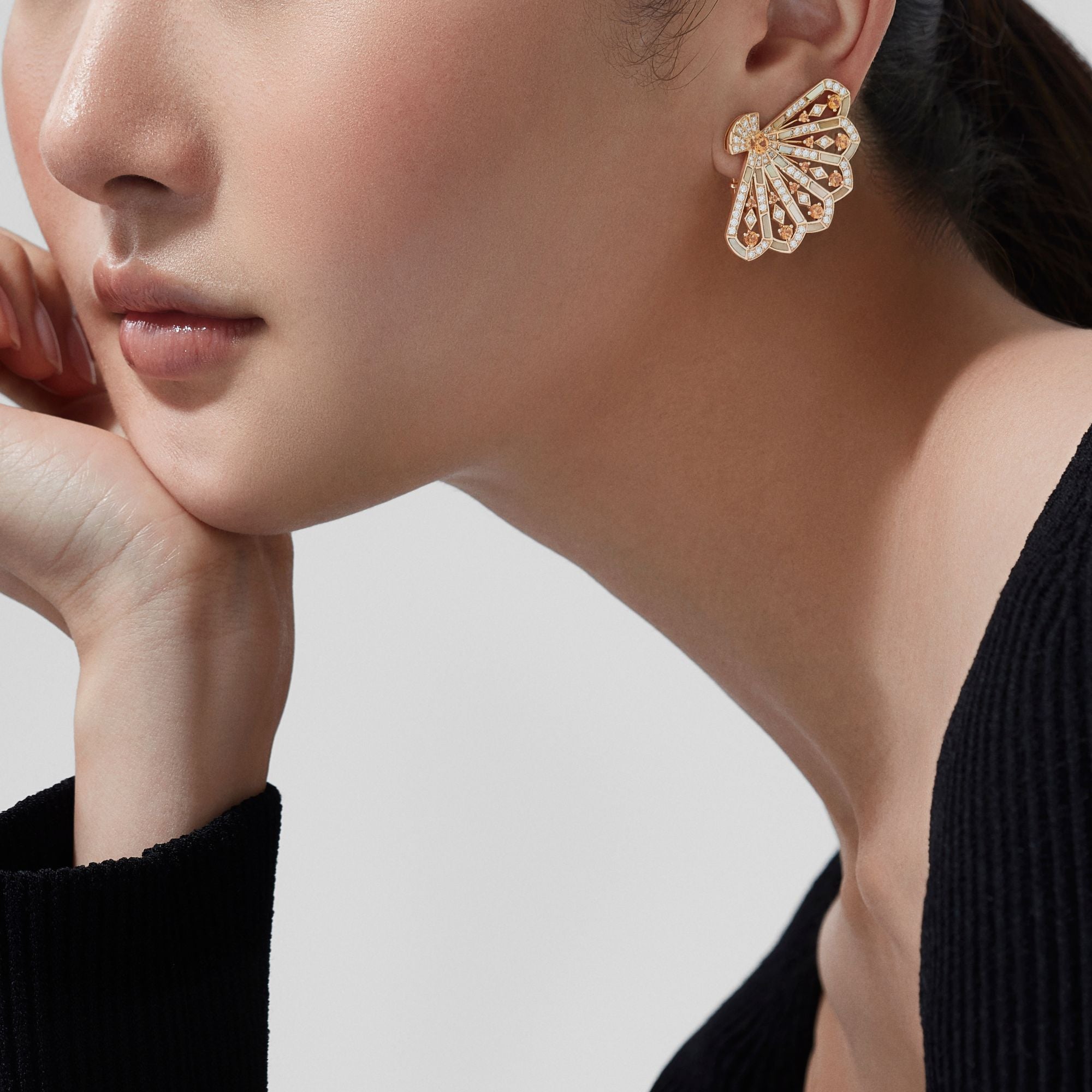 Fanfare Symphony Diamond and Orange Sapphire Earrings | In 18ct Yellow Gold with Golden Mother of Pearl