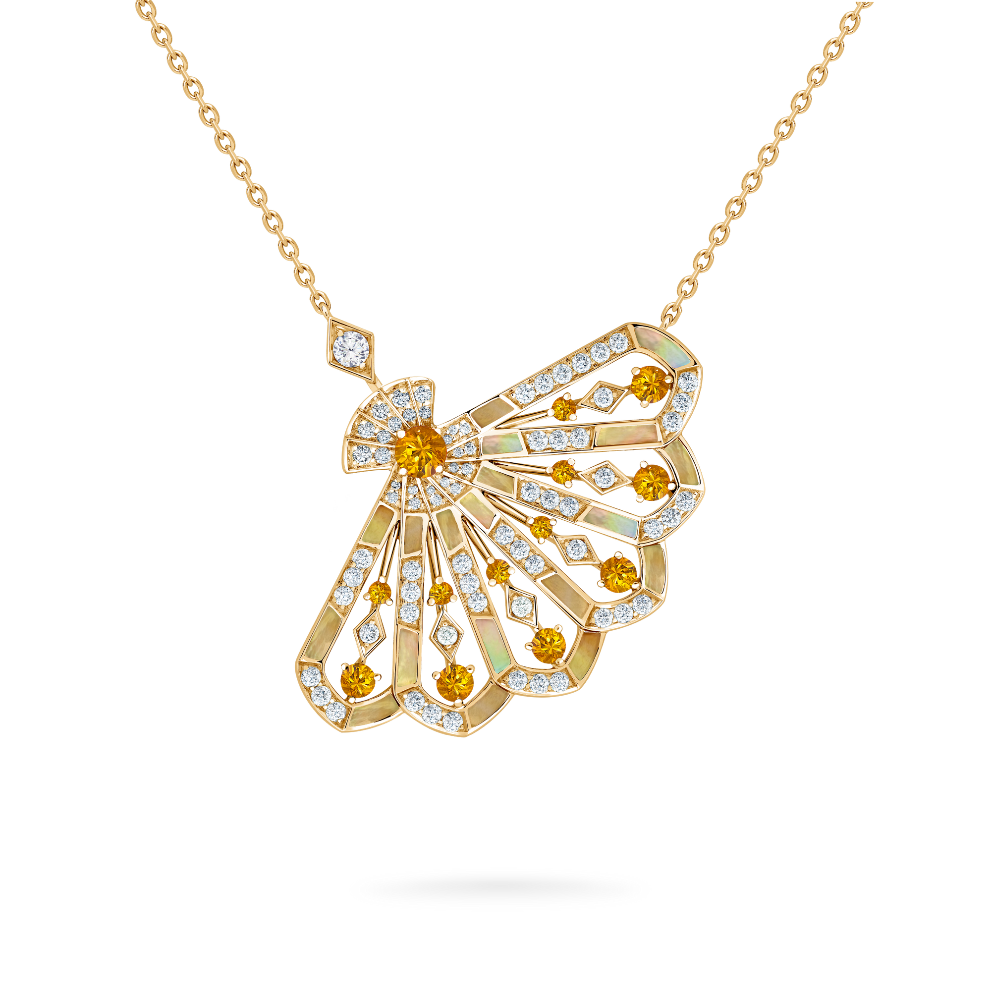 Fanfare Symphony Diamond and Orange Sapphire Pendant | In 18ct Yellow Gold with Golden Mother of Pearl