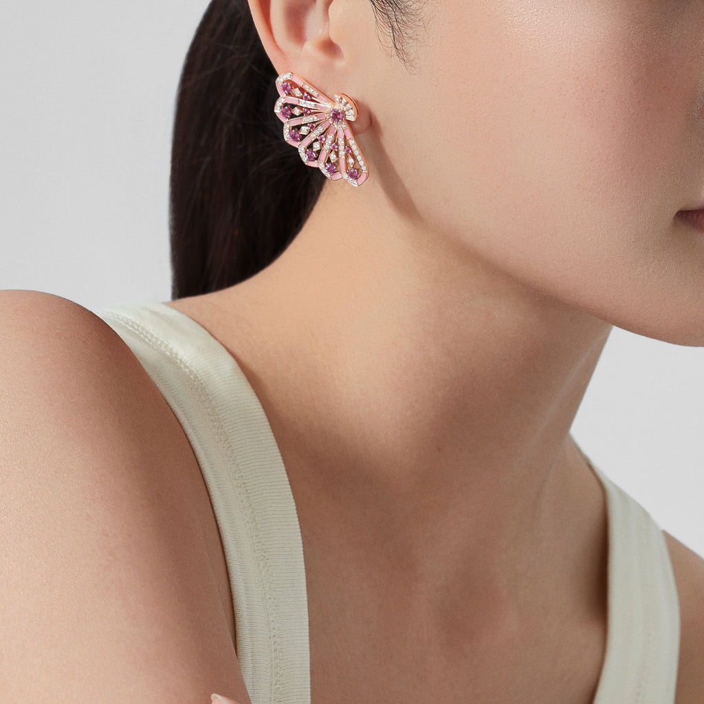 Fanfare Symphony Diamond and Pink Tourmaline Earrings | In 18ct Rose Gold with Pink Opal