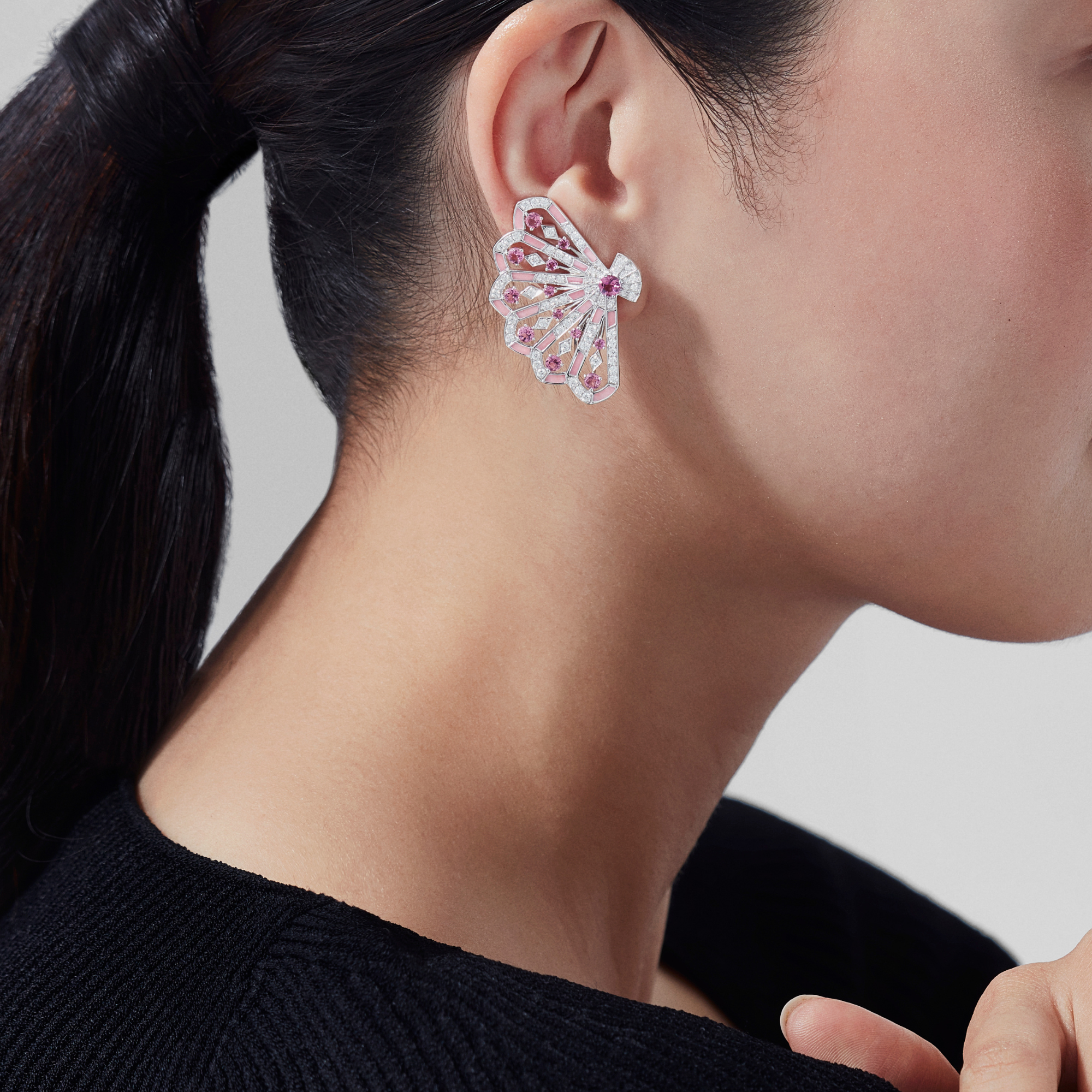 Fanfare Symphony Diamond and Pink Tourmaline Earrings | In 18ct White Gold with Pink Opal