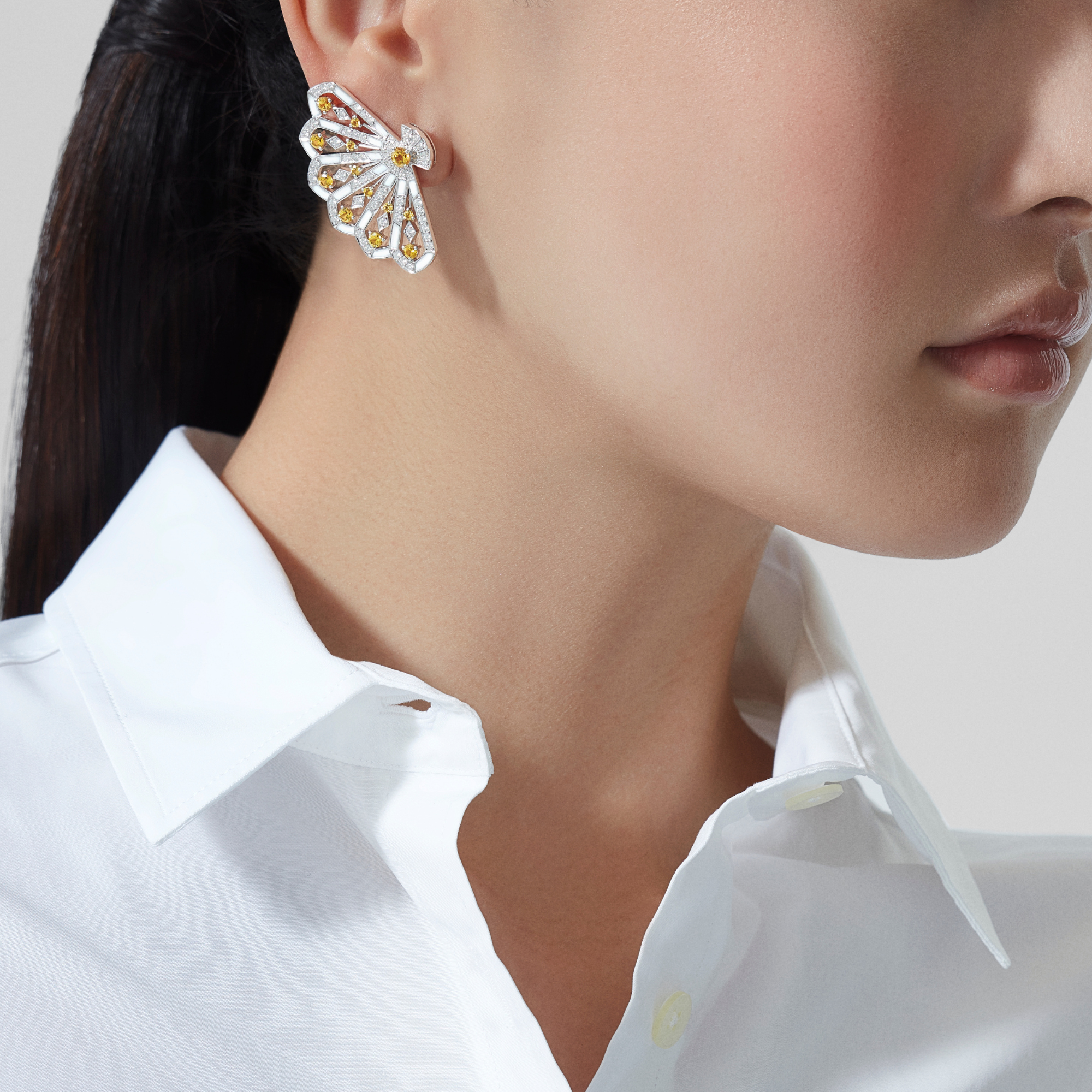 Fanfare Symphony Diamond and Yellow Sapphire Earrings | In 18ct White Gold with White Agate