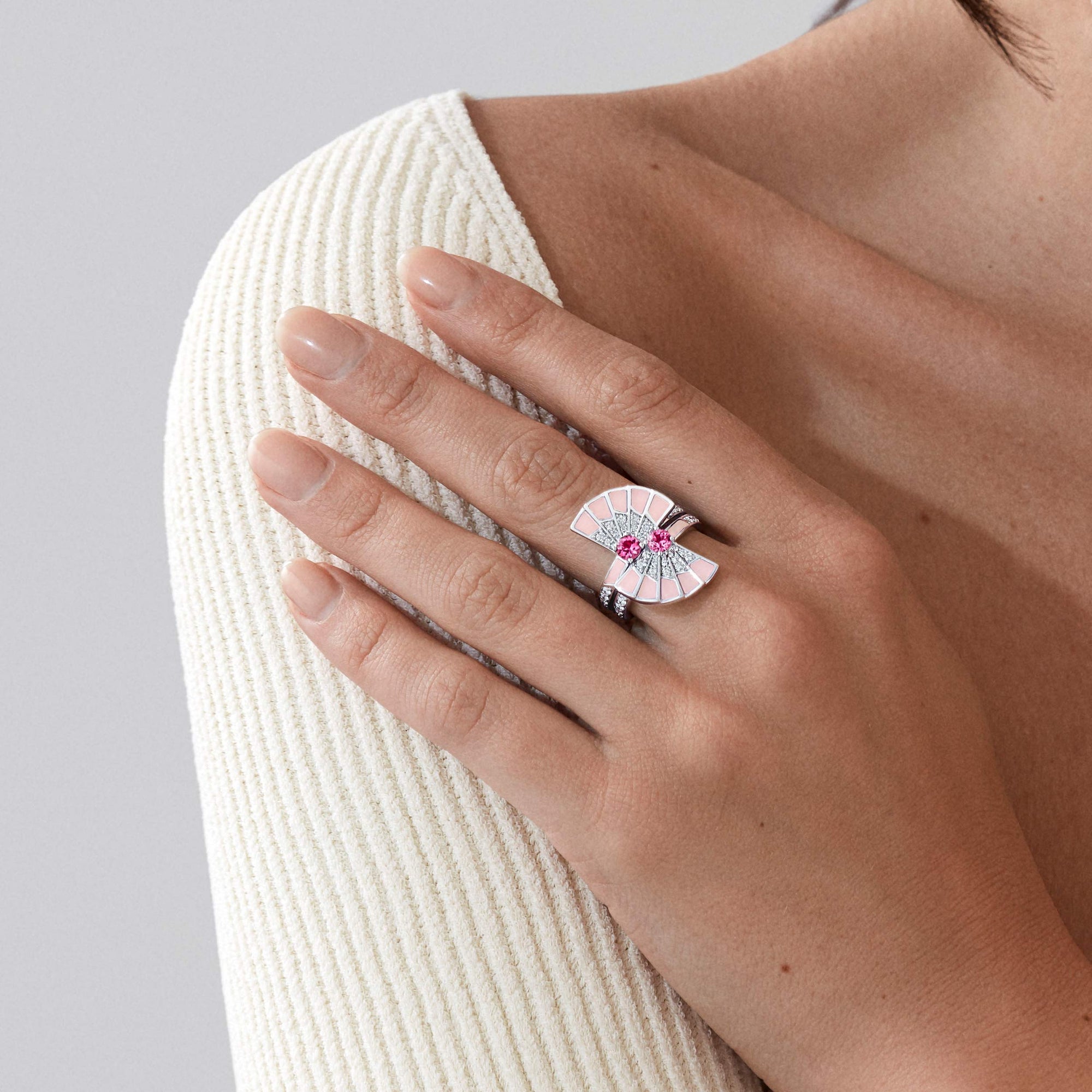 Fanfare Symphony Double Pink Tourmaline and Pink Opal Ring | In 18ct White Gold with Diamonds