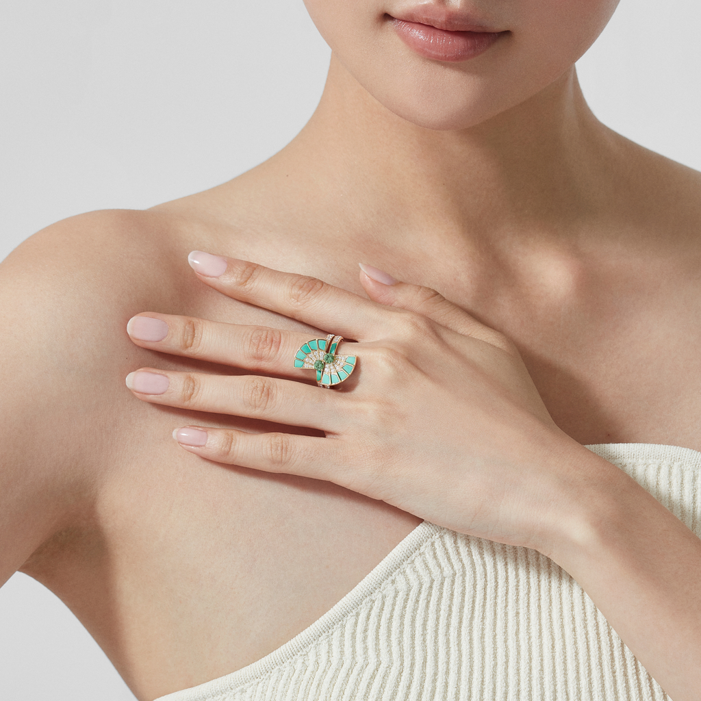 Fanfare Symphony Double Tsavorite and Apple Malachite Ring | In 18ct Yellow Gold with Diamonds