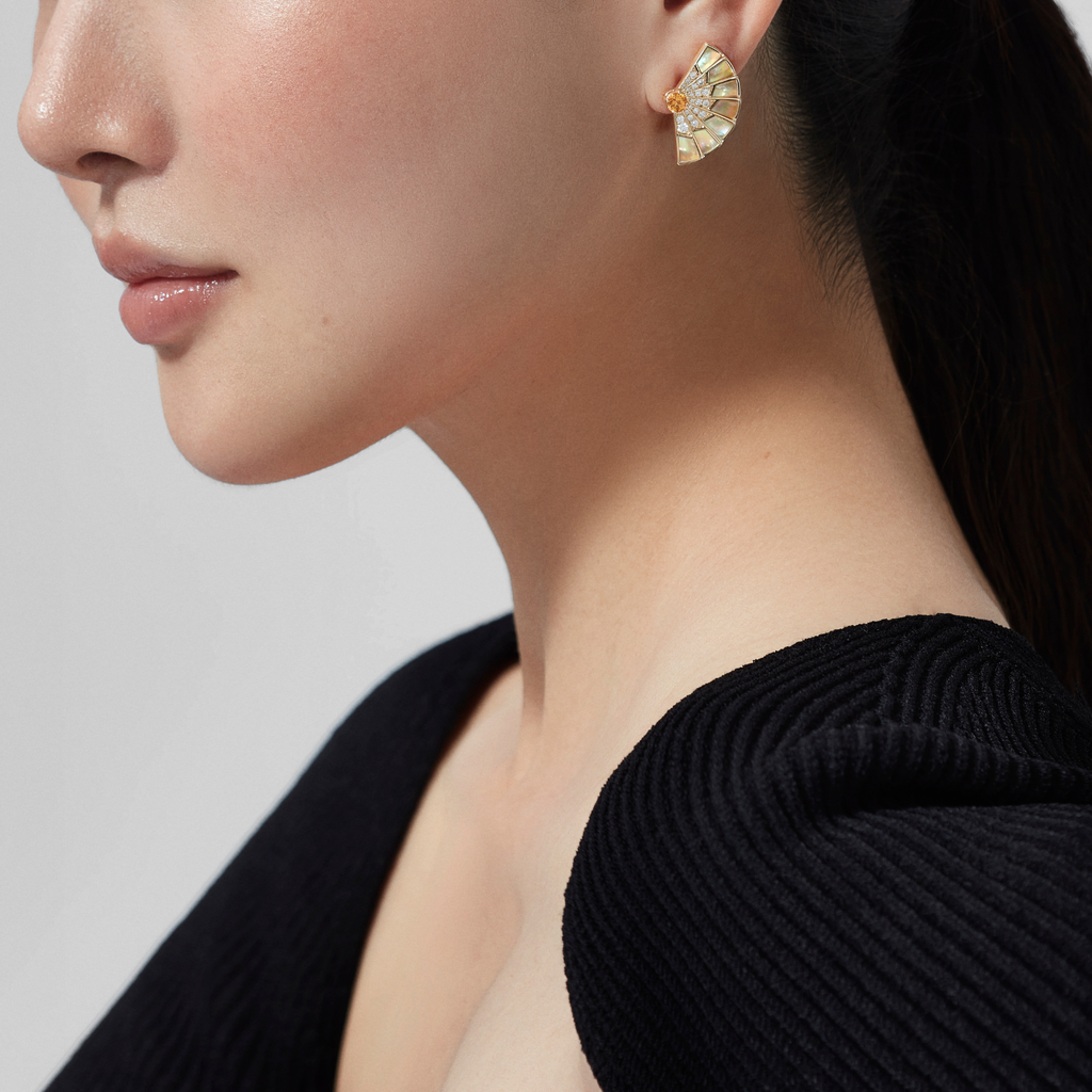 Fanfare Symphony Orange Sapphire and Golden Mother of Pearl Earrings | In 18ct Yellow Gold with Diamonds