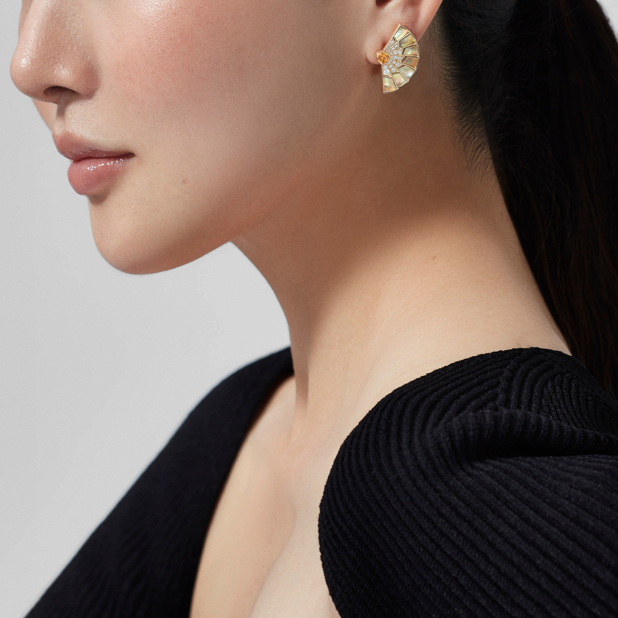 Fanfare Symphony Orange Sapphire and Golden Mother of Pearl Earrings | In 18ct Yellow Gold with Diamonds