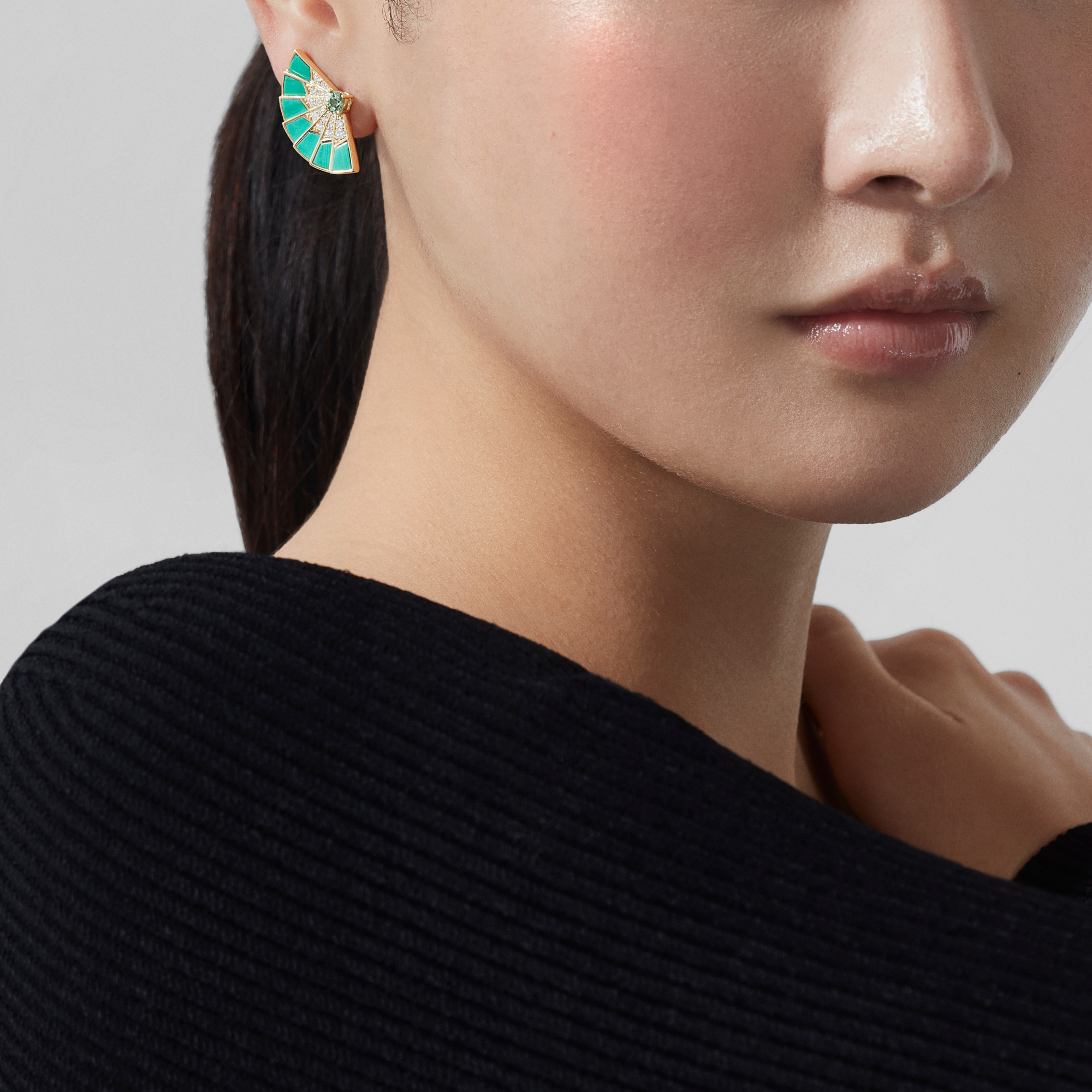 Fanfare Symphony Tsavorite and Apple Malachite Earrings | In 18ct Yellow Gold with Diamonds