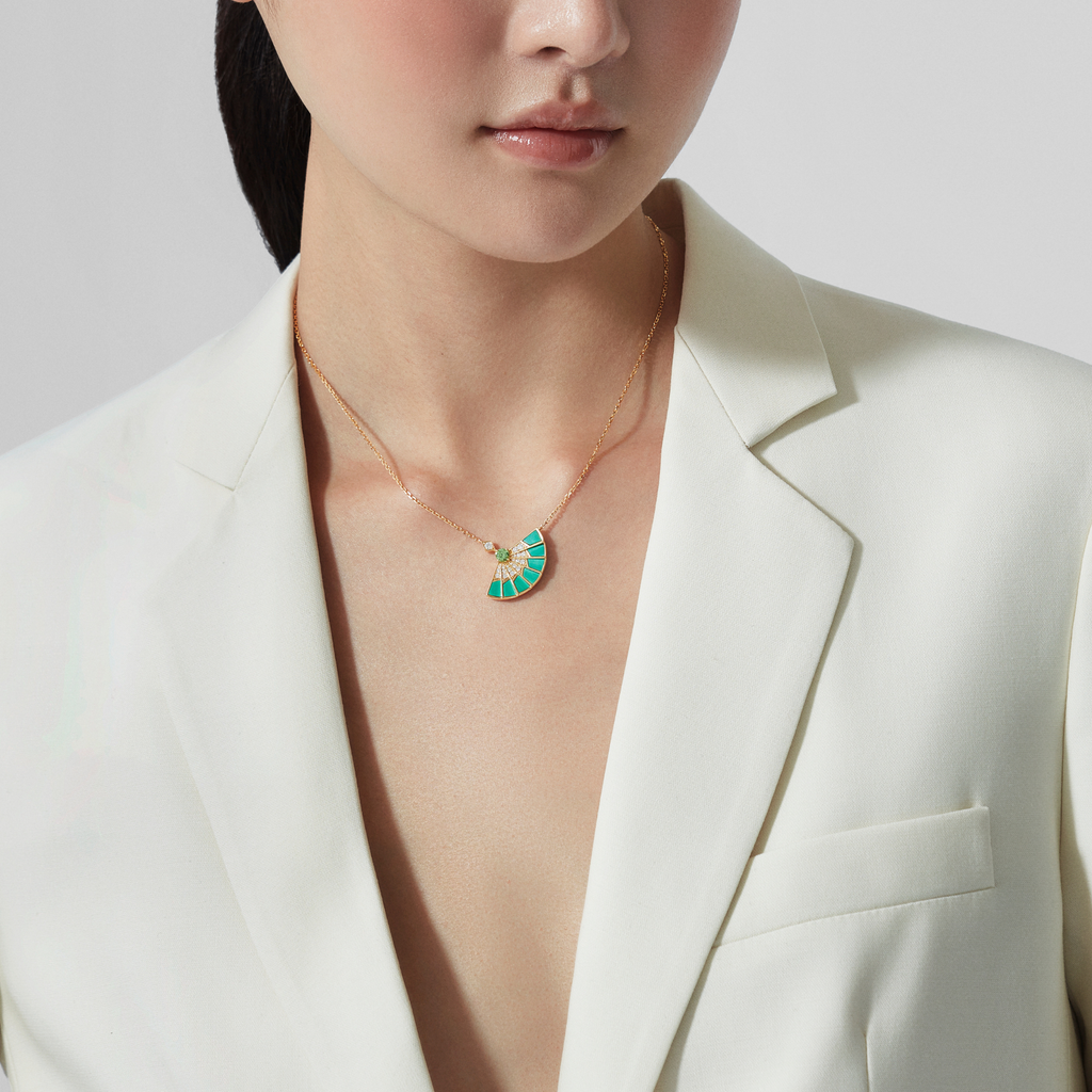 Fanfare Symphony Tsavorite and Apple Malachite Pendant | In 18ct Yellow Gold with Diamonds