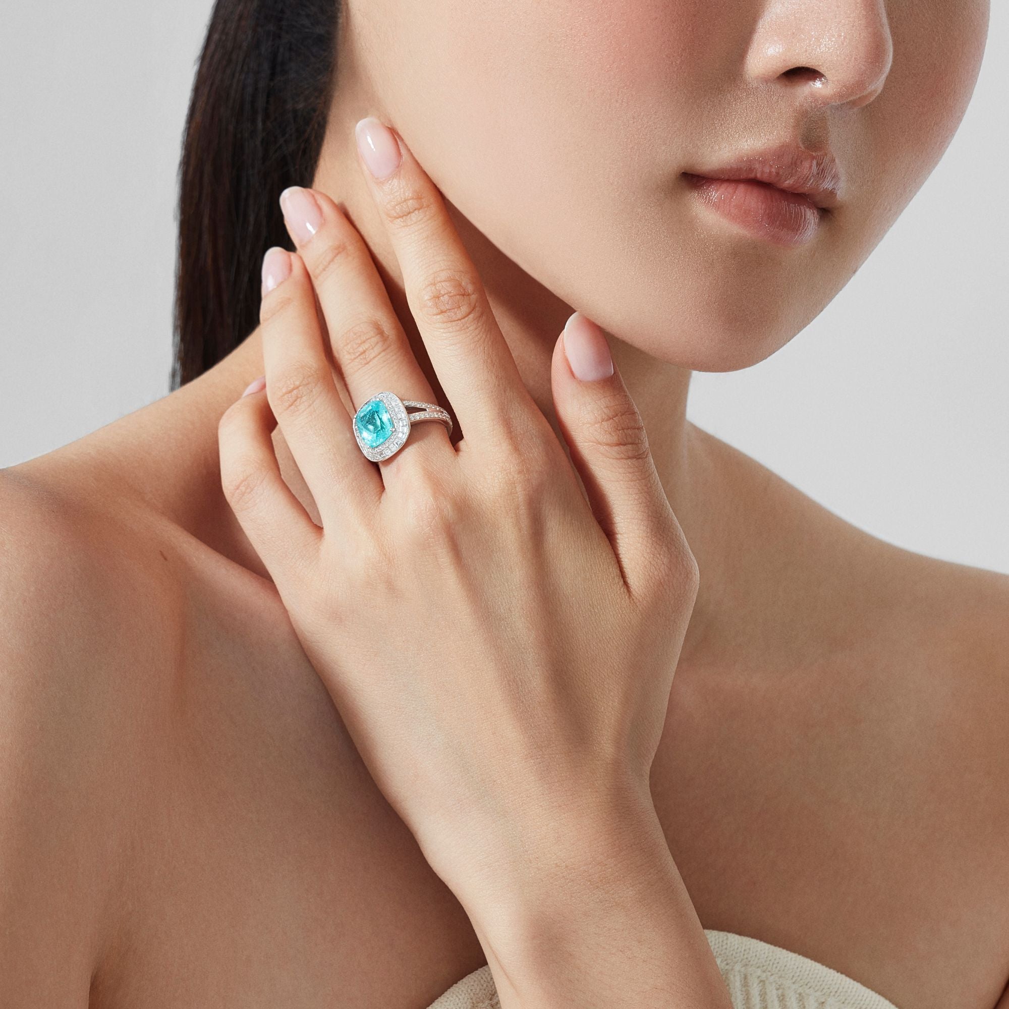 Jewelled Vault 4.02ct Cushion Cut Paraiba Tourmaline and Diamond High Jewellery Ring|In 18ct White Gold
