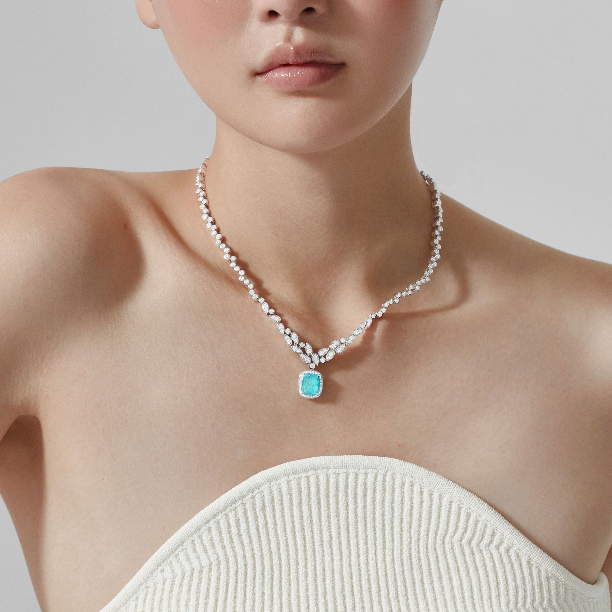 Jewelled Vault 4.22ct Cushion Cut Paraiba Tourmaline and Diamond High Jewellery Necklace|In 18ct White Gold