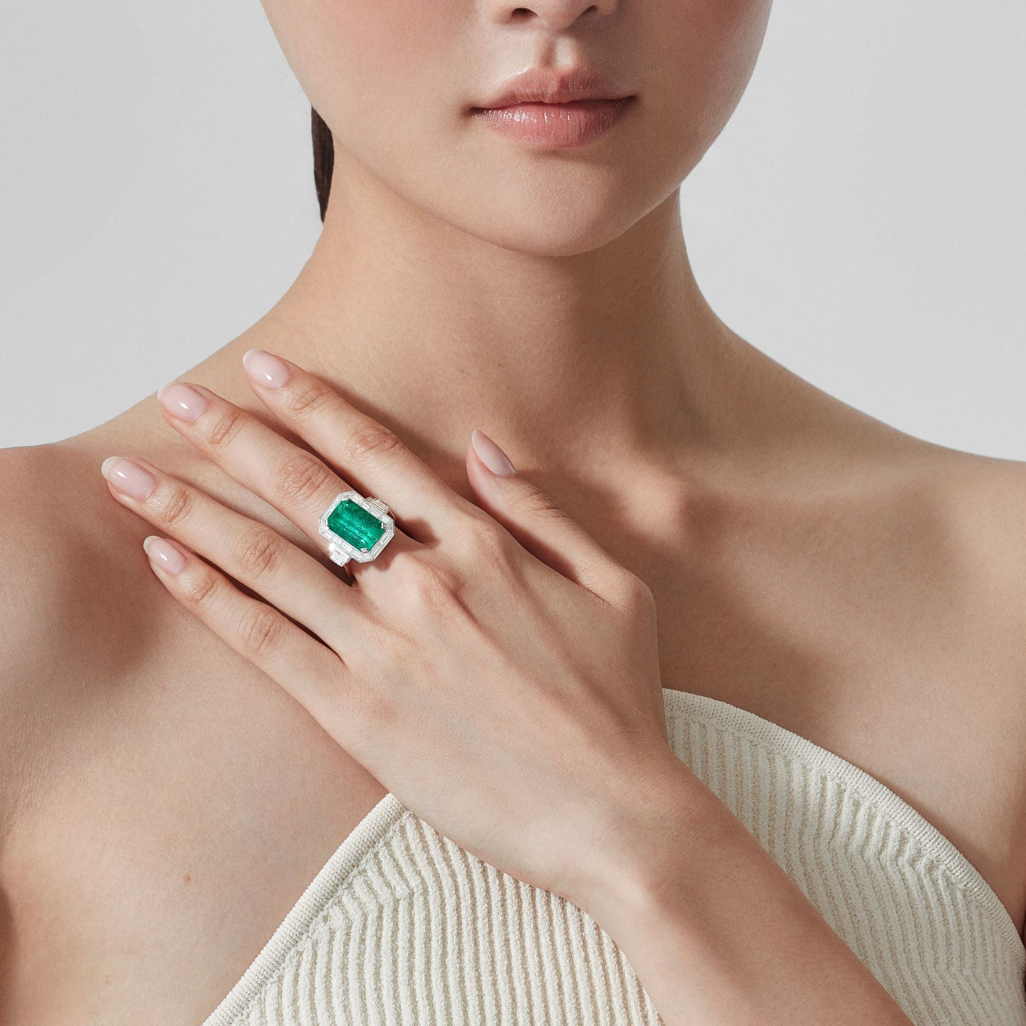 Jewelled Vault 9.03ct Emerald Cut Emerald and Diamond High Jewellery Ring | In 18ct White Gold