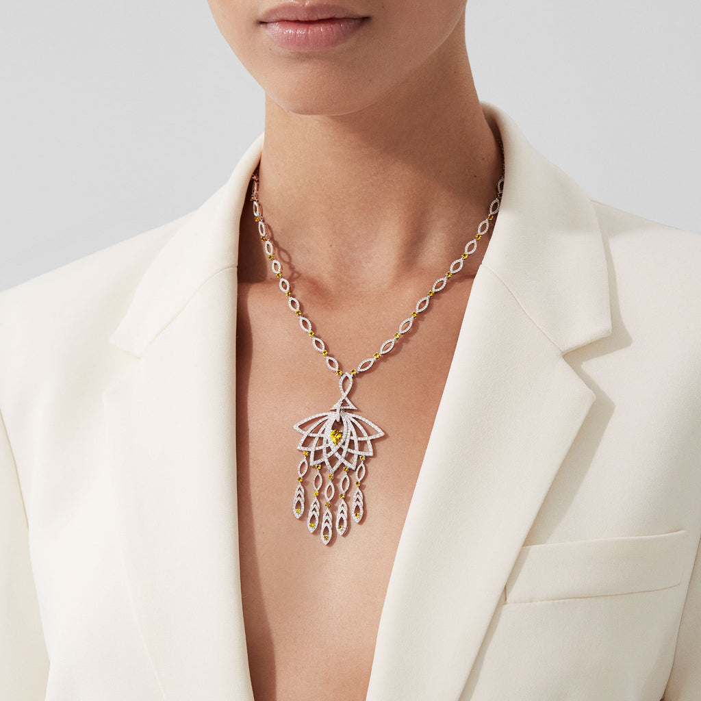 Lotus Bloom Yellow Sapphire and Diamond Slider Pendant | In 18K White Gold