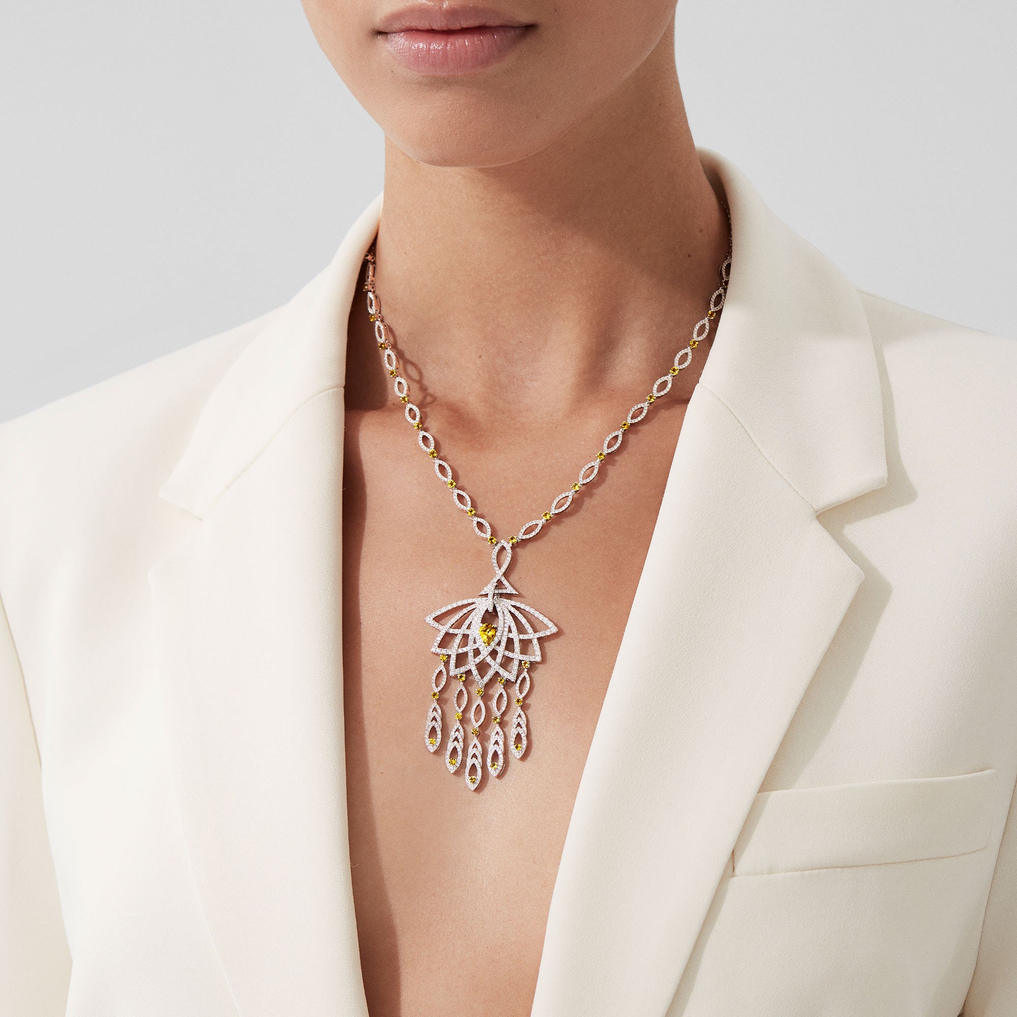 Lotus Bloom Yellow Sapphire and Diamond Slider Pendant | In 18K White Gold