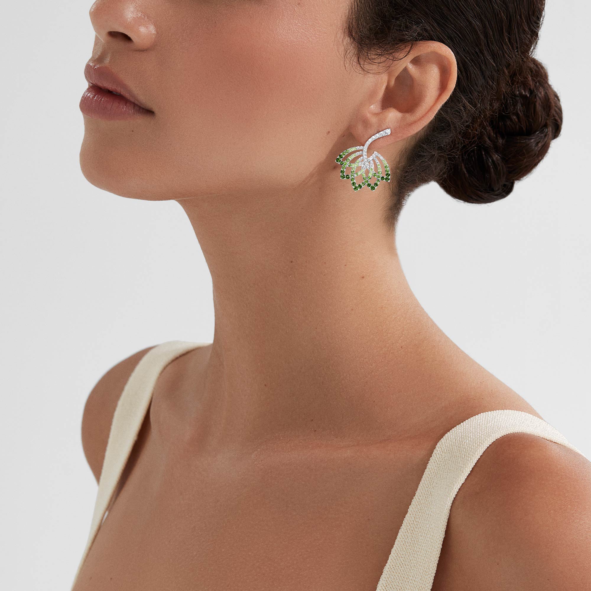 Lotus Flower Tsavorite and Diamond Drop Earrings | In 18K White Gold