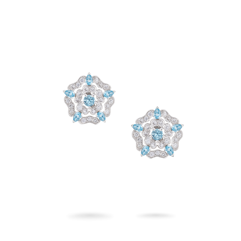 Tudor Rose Mini Icons Aquamarine Stud Earrings | In 18ct White Gold