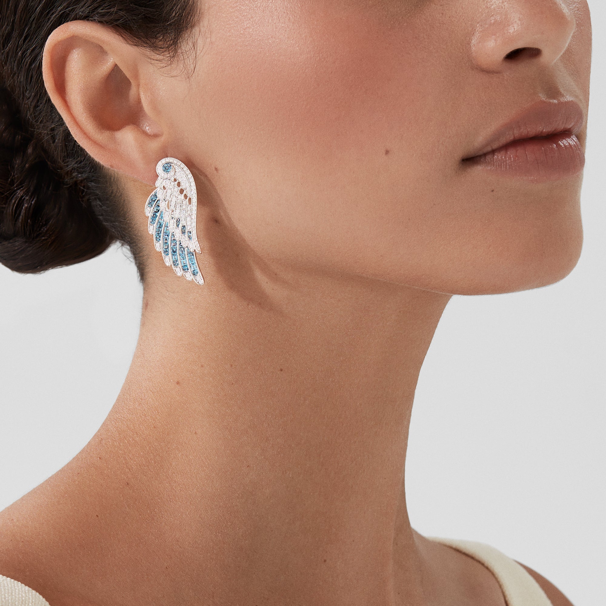 Wings Embrace Aquamarine and Diamond Drop Earrings | In 18ct White Gold