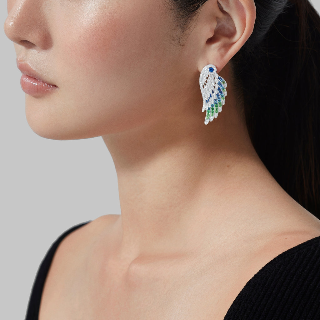 Wings Embrace Peacock Drop Earrings | In 18ct White Gold with Diamonds, Sapphires, Tsavorites and Aquamarines