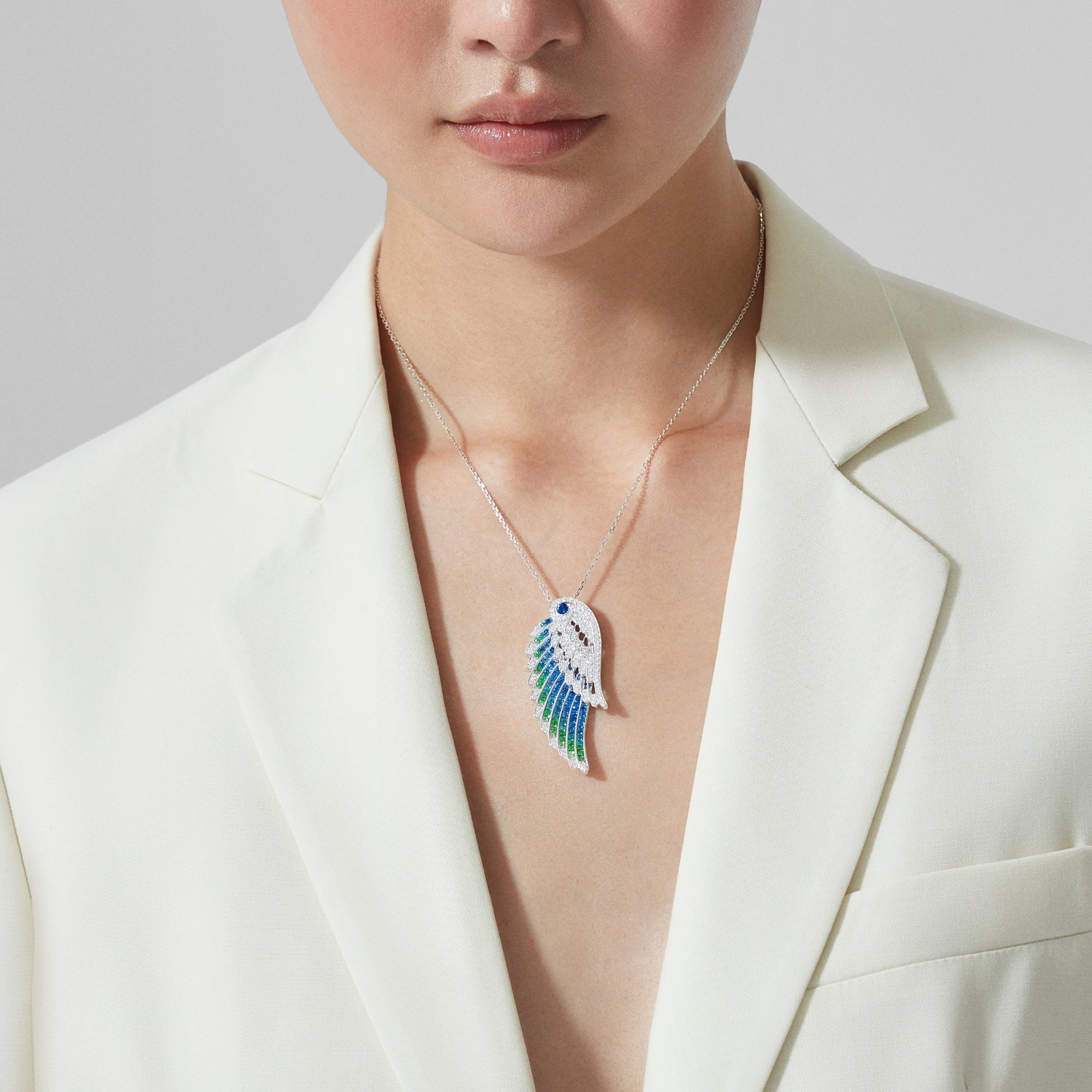 Wings Embrace Peacock Slider Pendant | In 18ct White Gold with Diamonds, Sapphires, Tsavorites and Aquamarines