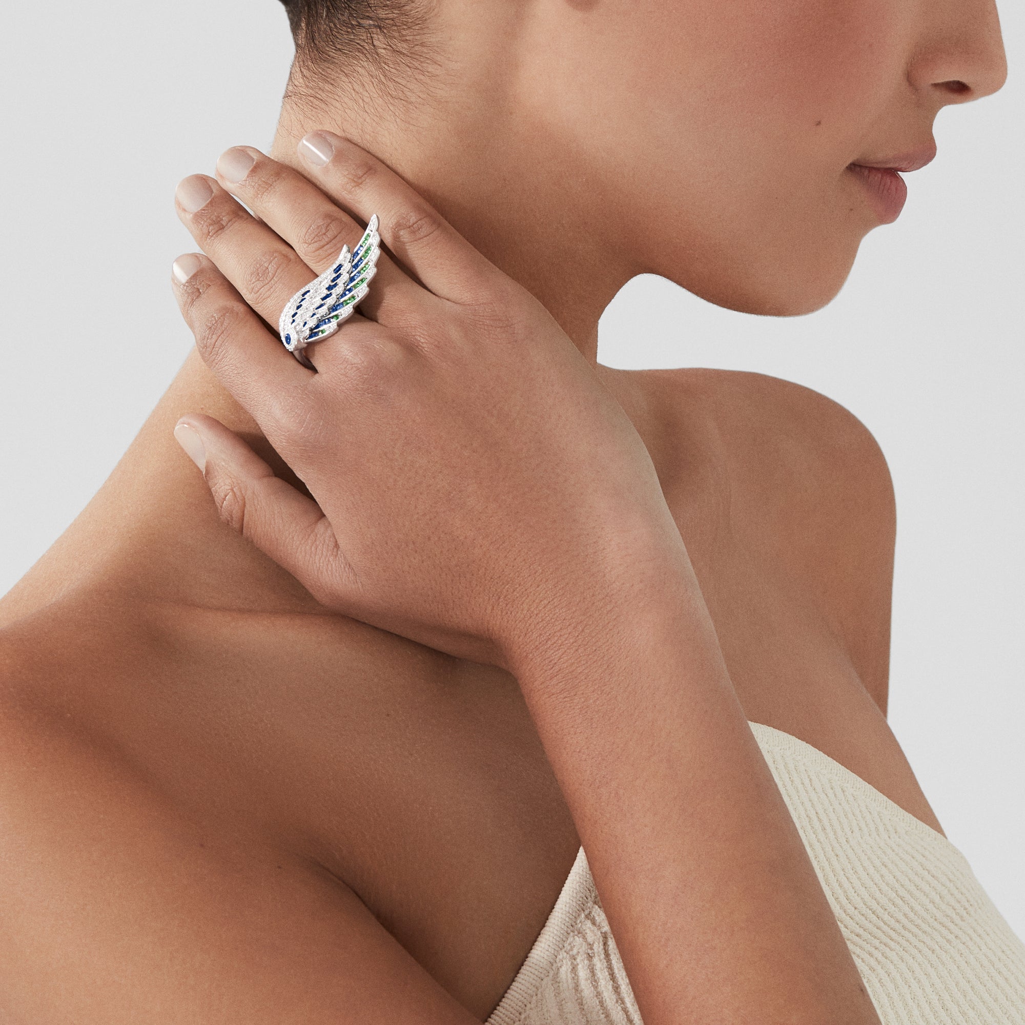 Wings Embrace Peacock Ring | In 18ct White Gold with Diamonds, Sapphires, Tsavorites and Aquamarines