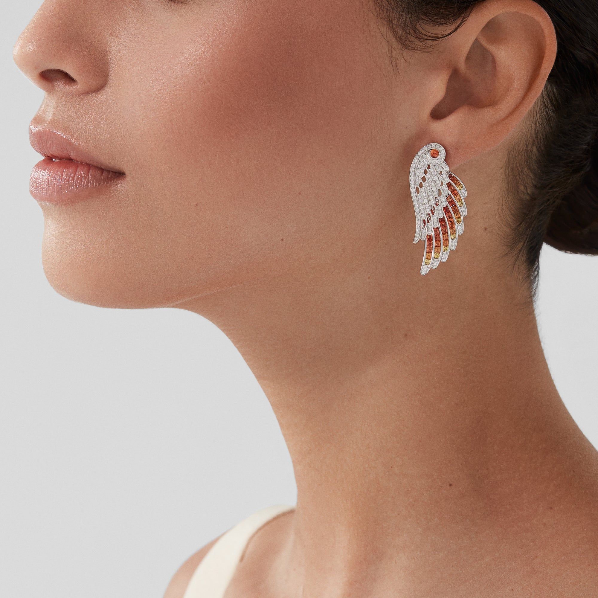 Wings Embrace Phoenix Drop Earrings | In 18ct White Gold with Diamonds and Sapphires