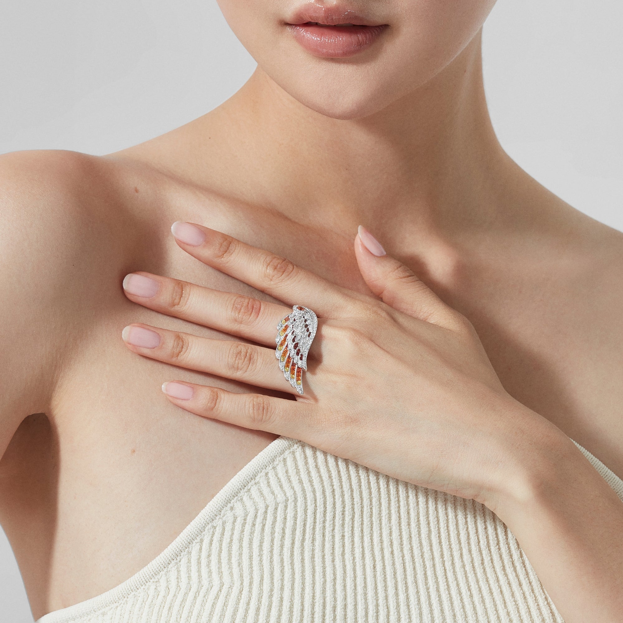 Wings Embrace Phoenix Ring | In 18ct White Gold with Diamonds and Sapphires