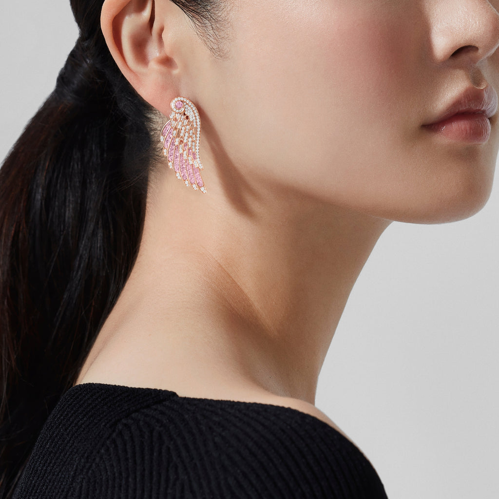 Wings Embrace Pink Sapphire and Diamond Drop Earrings | In 18ct Rose Gold