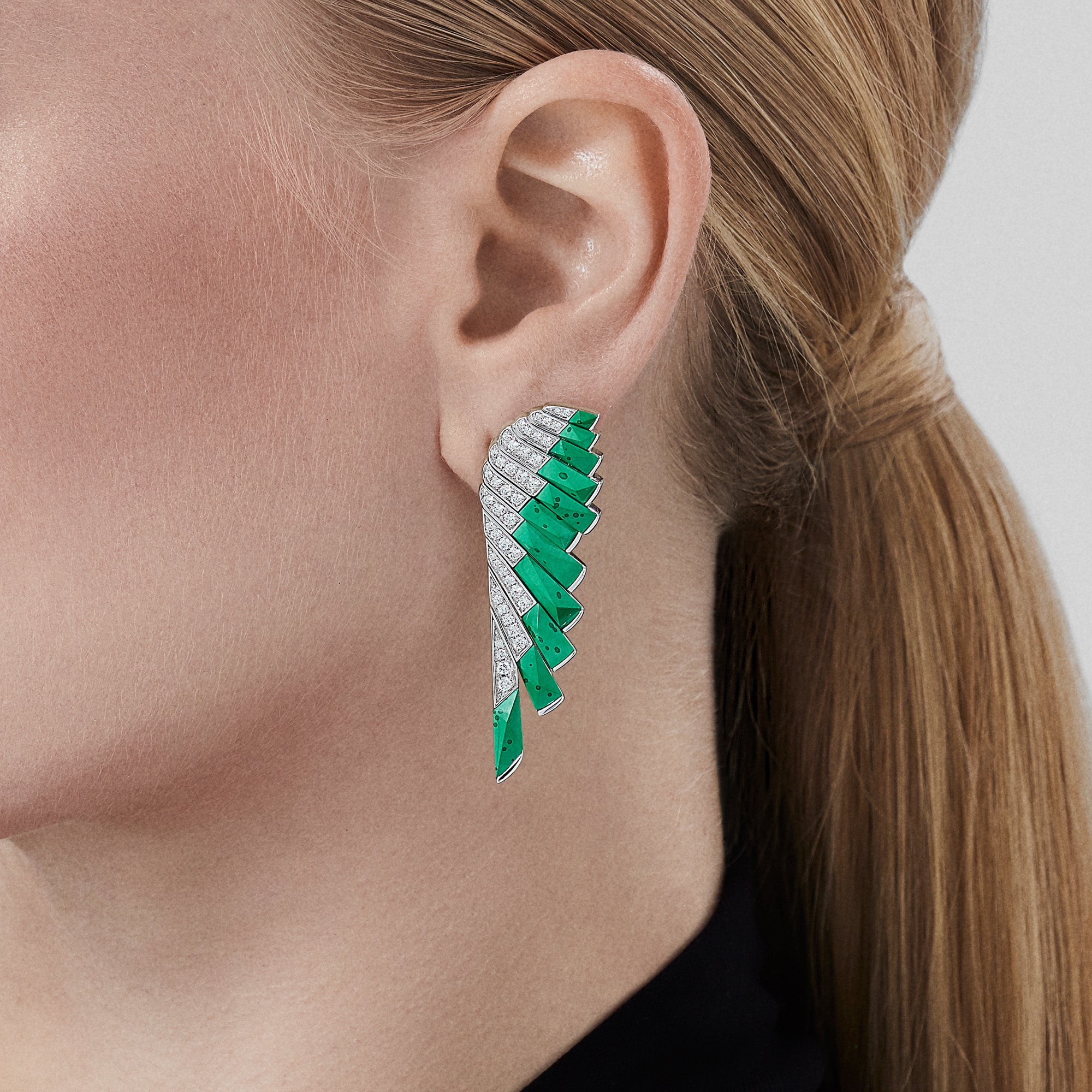 Wings Rising Apple Malachite and Diamond Earrings | In 18ct White Gold