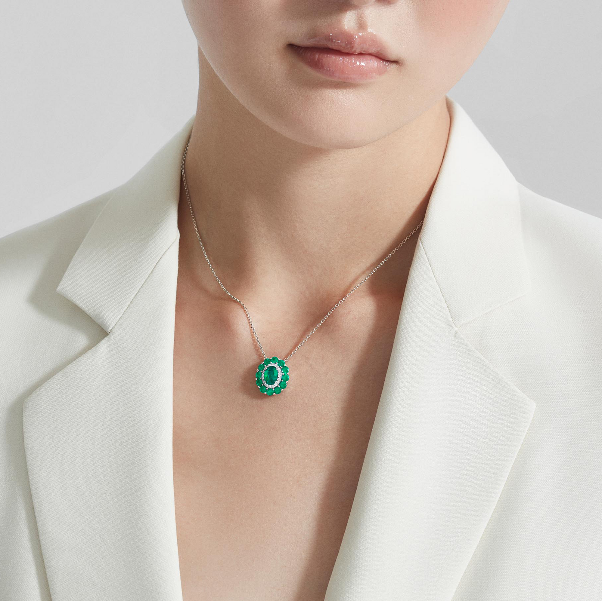 1735 Double Colour Cluster Emerald Pendant | In Platinum with Diamonds